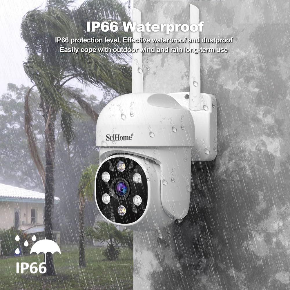 SRIHOME 1080P WiFi Monitoraggio PTZ telecamera IP rilevamento umanoide e monitoraggio del movimento Visione Notturna IP66 impermeabile all'acqua (2 Pacchetto di unità)