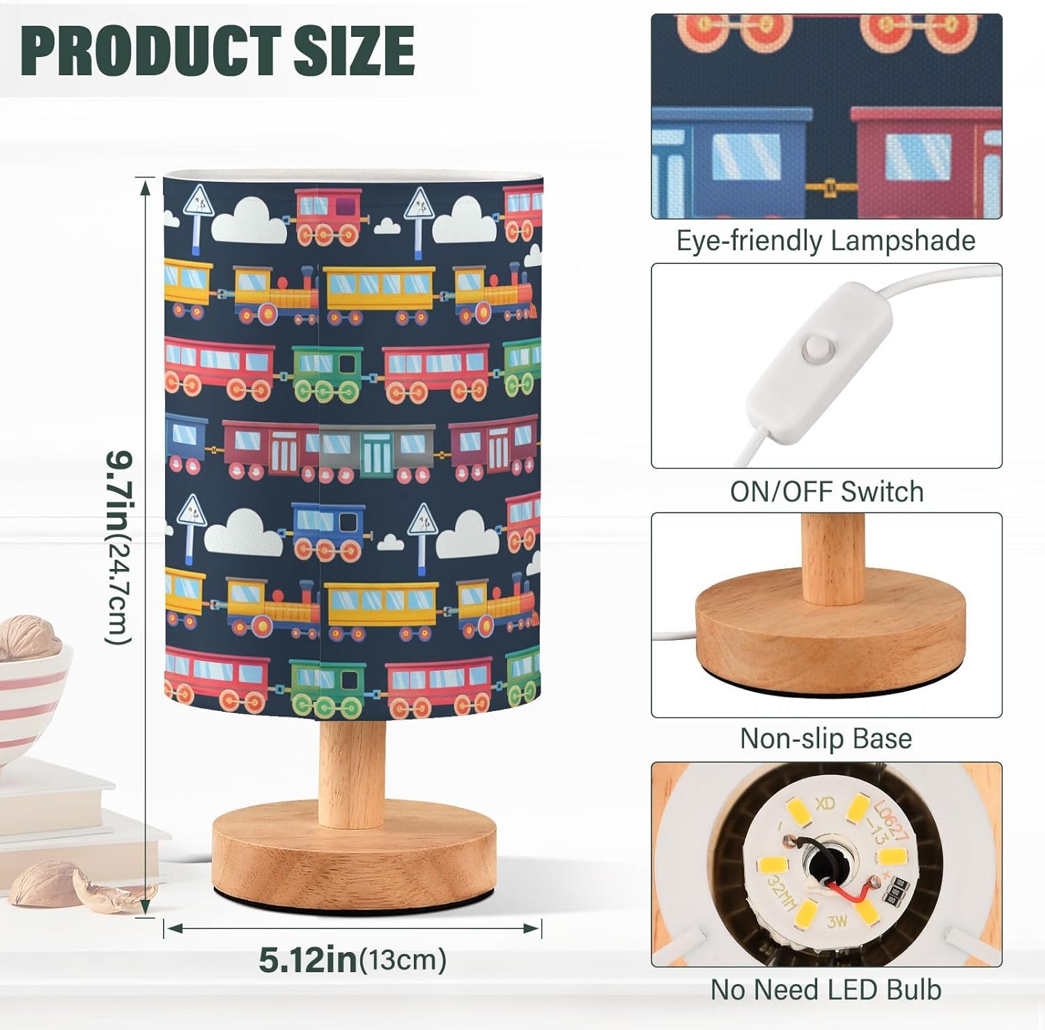 SPRIPORT Cartoon Train Cloud Pattern Bedside Table Lamp for Bedroom Nightstand Lamp with Wood Base & Round Flaxen Fabric Shade Living Room Lamps for Working Reading Dorm Home Office Living Room