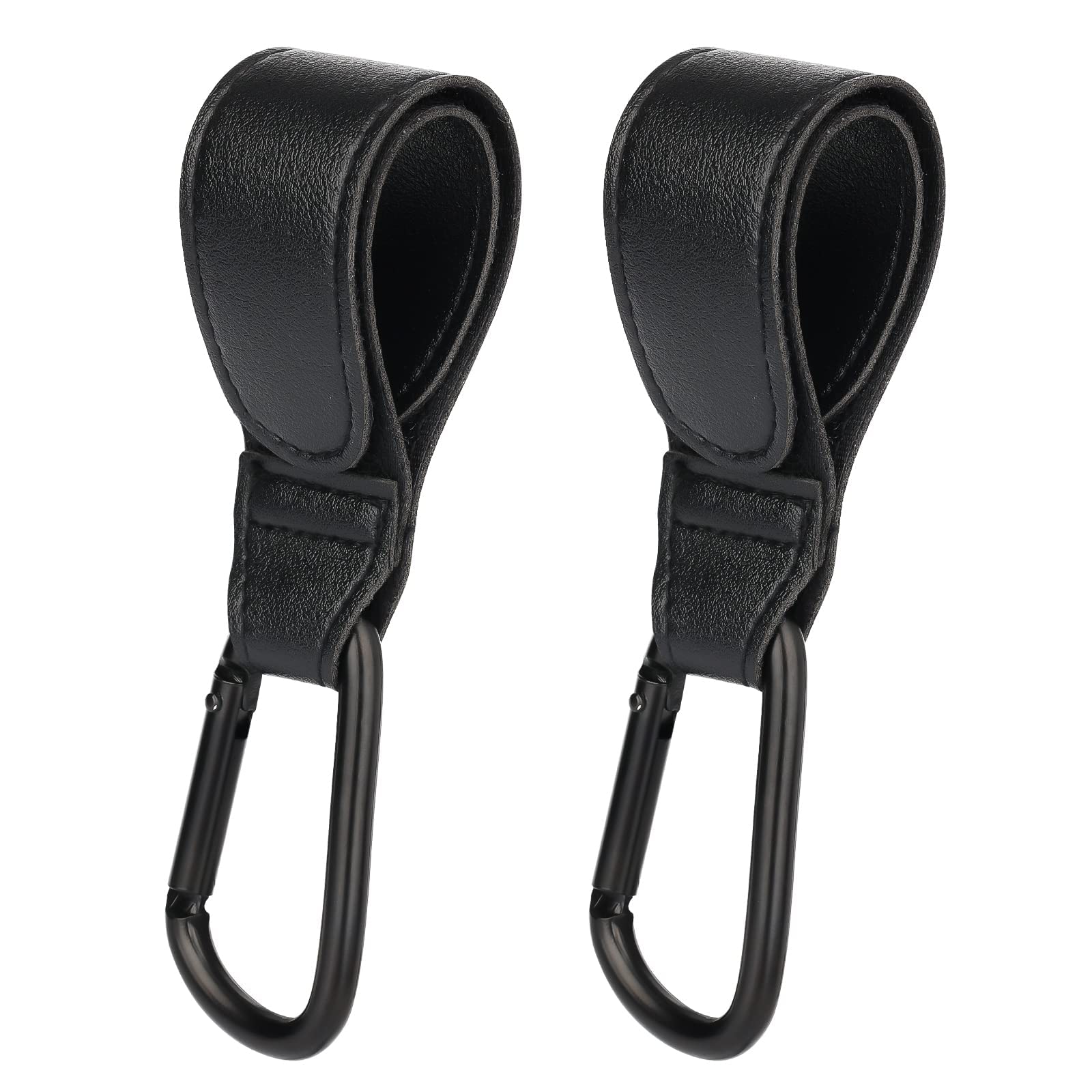 2pcs Baby Bag with Stroller Hooks, Leather Heavy Duty Stroller Organizer Hook Buggy Pram Clip with Strong Magic Adhesive for Hanging Shopping, Dressing and Diaper Bags (Black