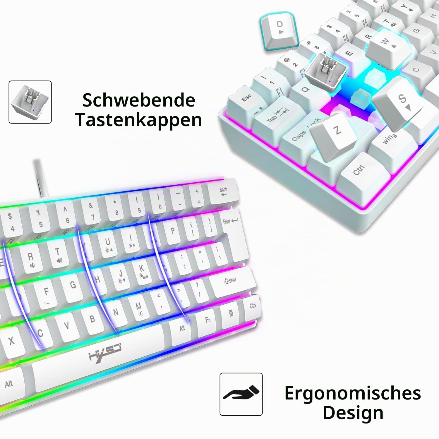 Gaming-Tastatur, 60% kabelgebunden, kompakt, 61 Tasten, 11 RGB-Effekte mit vollen Tasten, Anti-Ghosting, kabelgebundene leichte Gamng-Maus, 2400 DPI, optische Wabenmaus, RGB-Headset und Mauspad