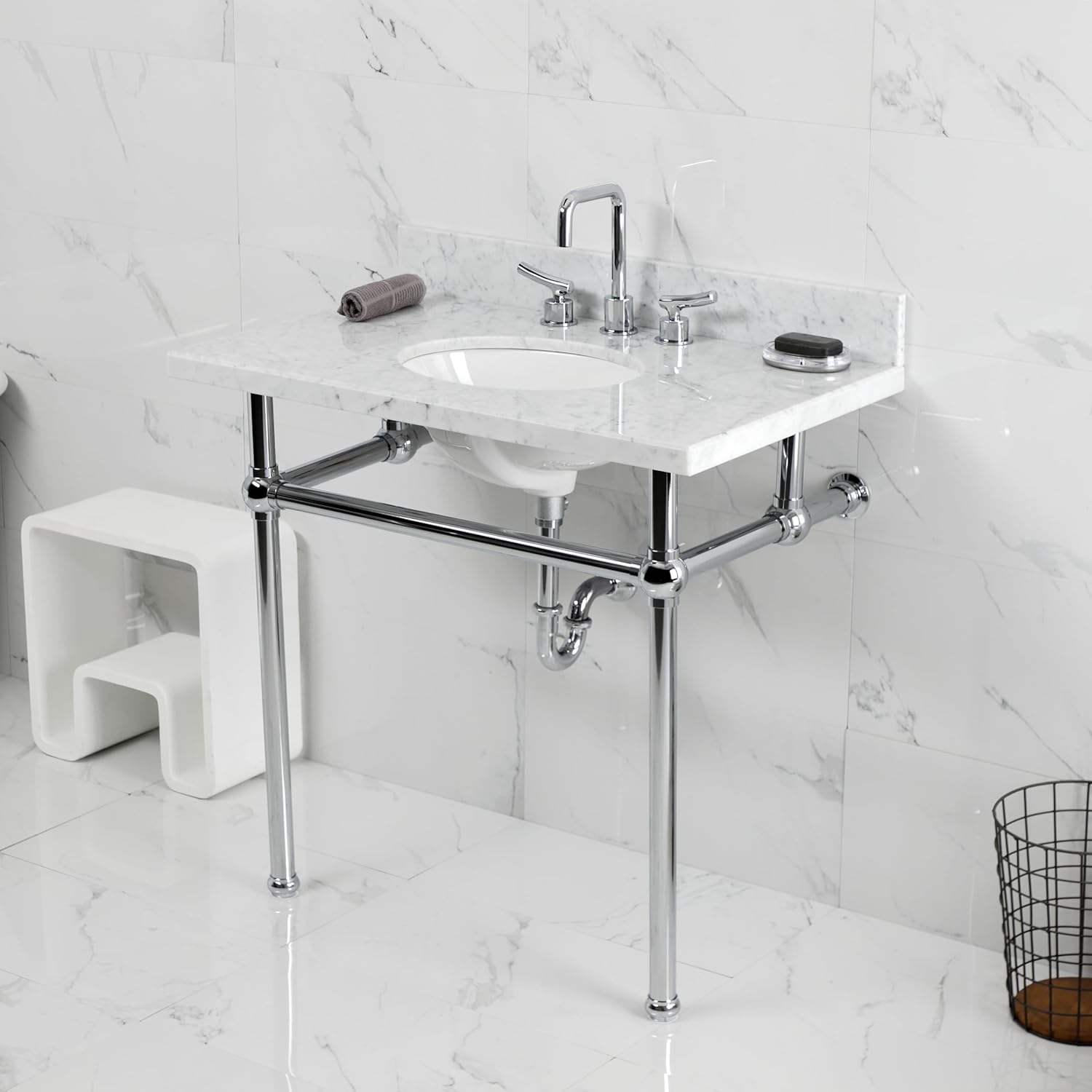 Kingston Brass KVBH3622M81 Addington 36" Console Sink with Brass Legs (8-Inch, 3 Hole), Marble White/Polished Chrome