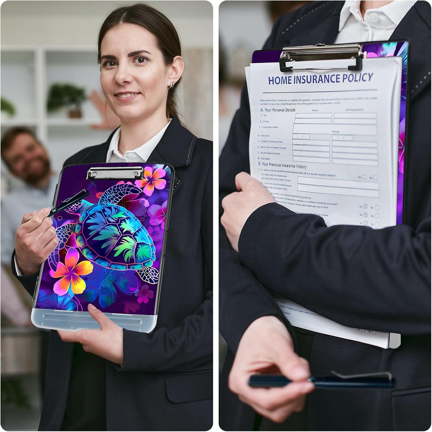Clipboard with Storage,Plastic Storage Clipboard with Low Profile Clip,Heavy Duty High Capacity Clip Boards with Pen Holder & Pencil,Teacher Must Haves,Office Supplies,Colorful Turtle Floral