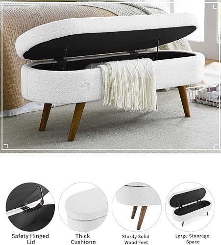 Miniatura 5 de Banco de almacenamiento ovalado de 43.5 pulgadas, banco de entrada tapizado de tela de lino con patas de madera maciza, banco otomano para sala de