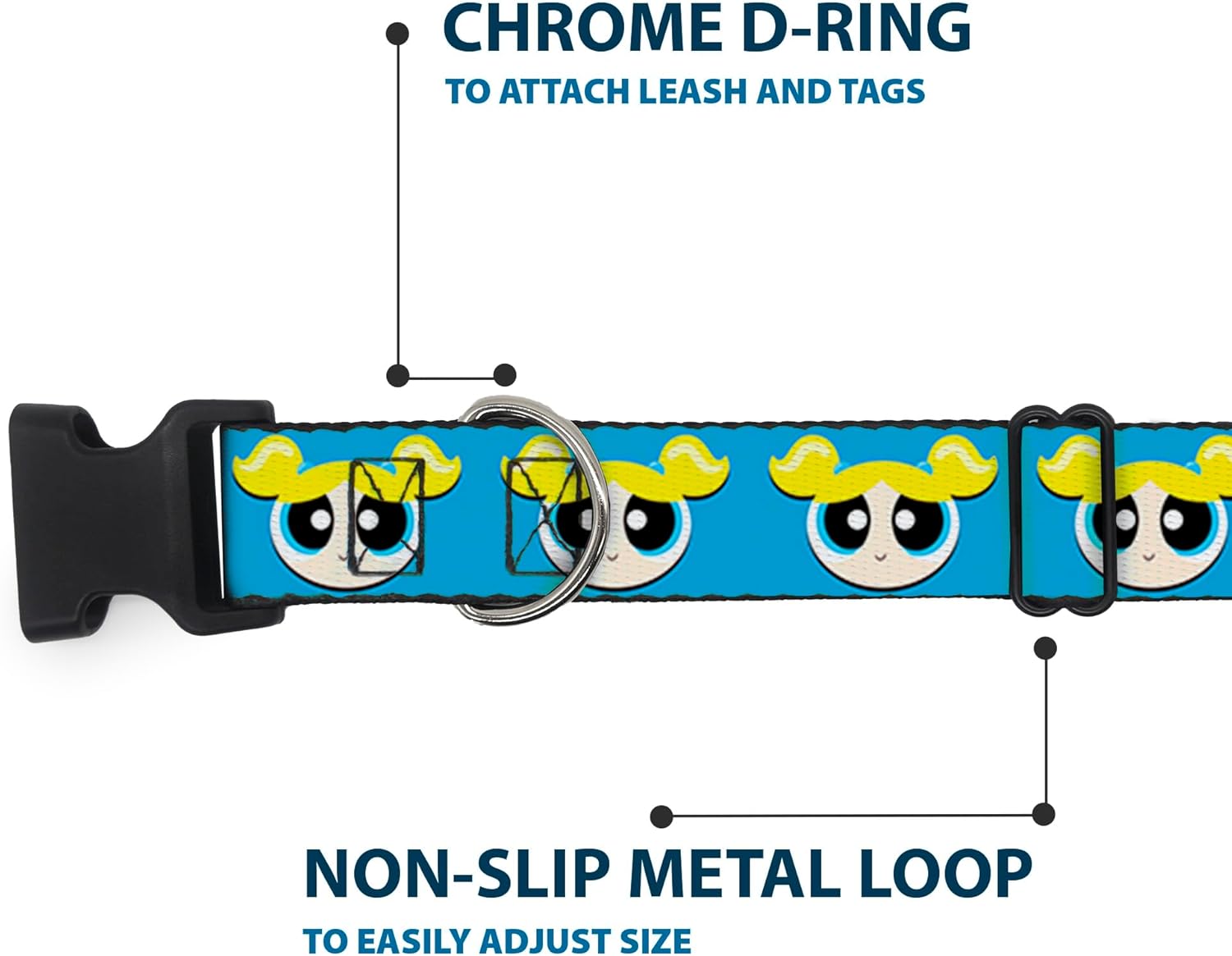 Warner Bros. Dog Collar with Plastic Clip, Quick Release, Easy Adjustable, The Powerpuff Girls Bubbles Face, 20 to 31 Inches 1.5 Inch Wide