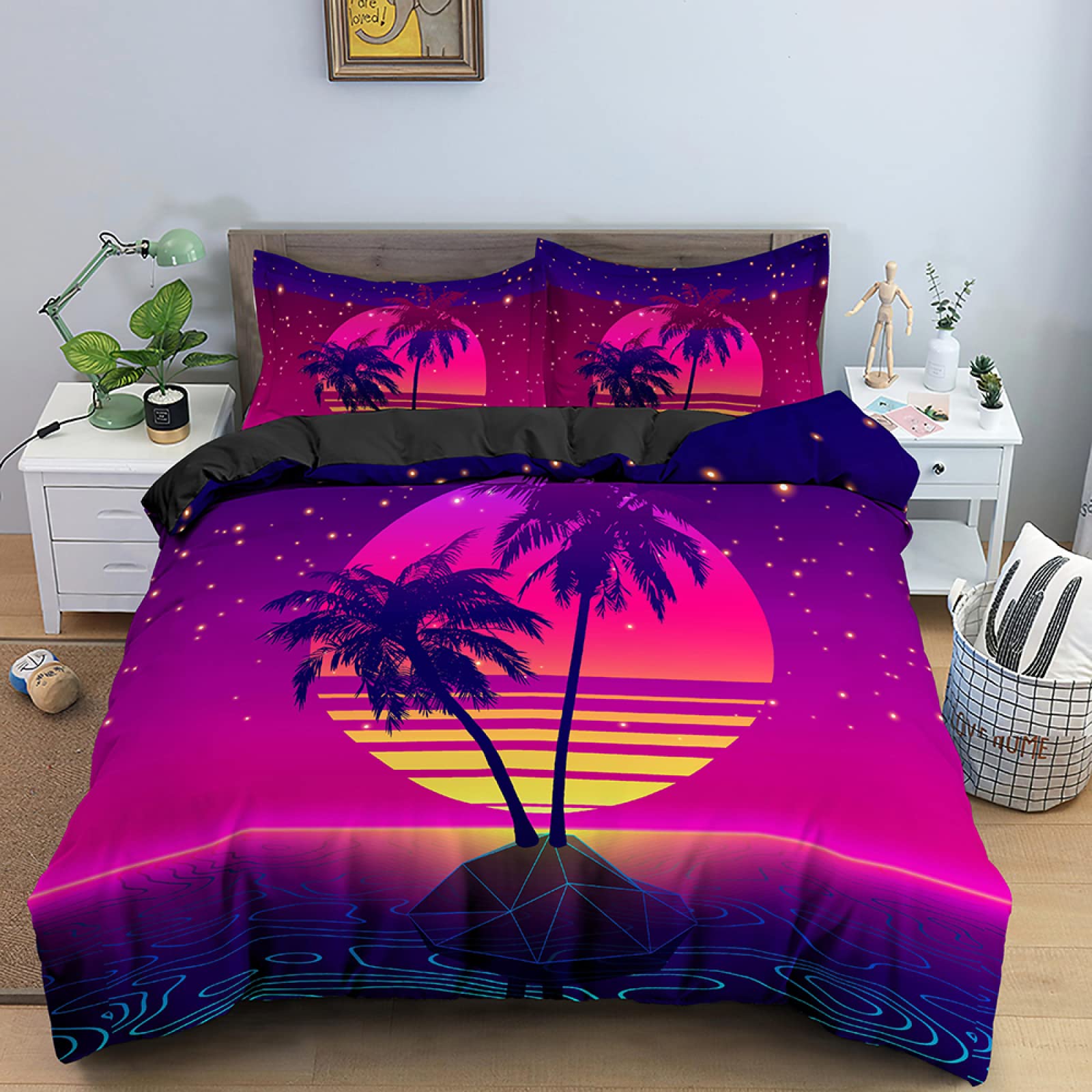 Housse de couette 160x200 parure de lit microfibre fuchsia pour lit enfant ado