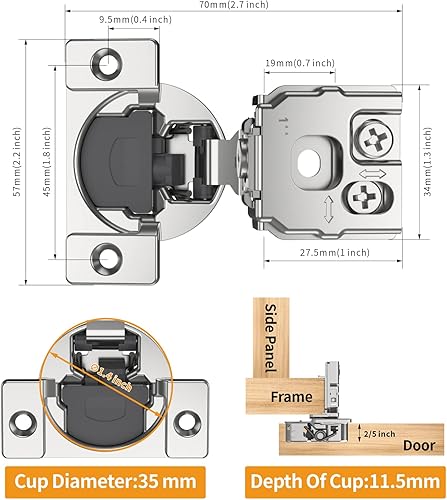 Miniatura 6 de Paquete de 20 bisagras ocultas de cierre suave 3D superpuestas de 1 pulgada para puerta de marco facial, bisagras de cierre automático suaves y