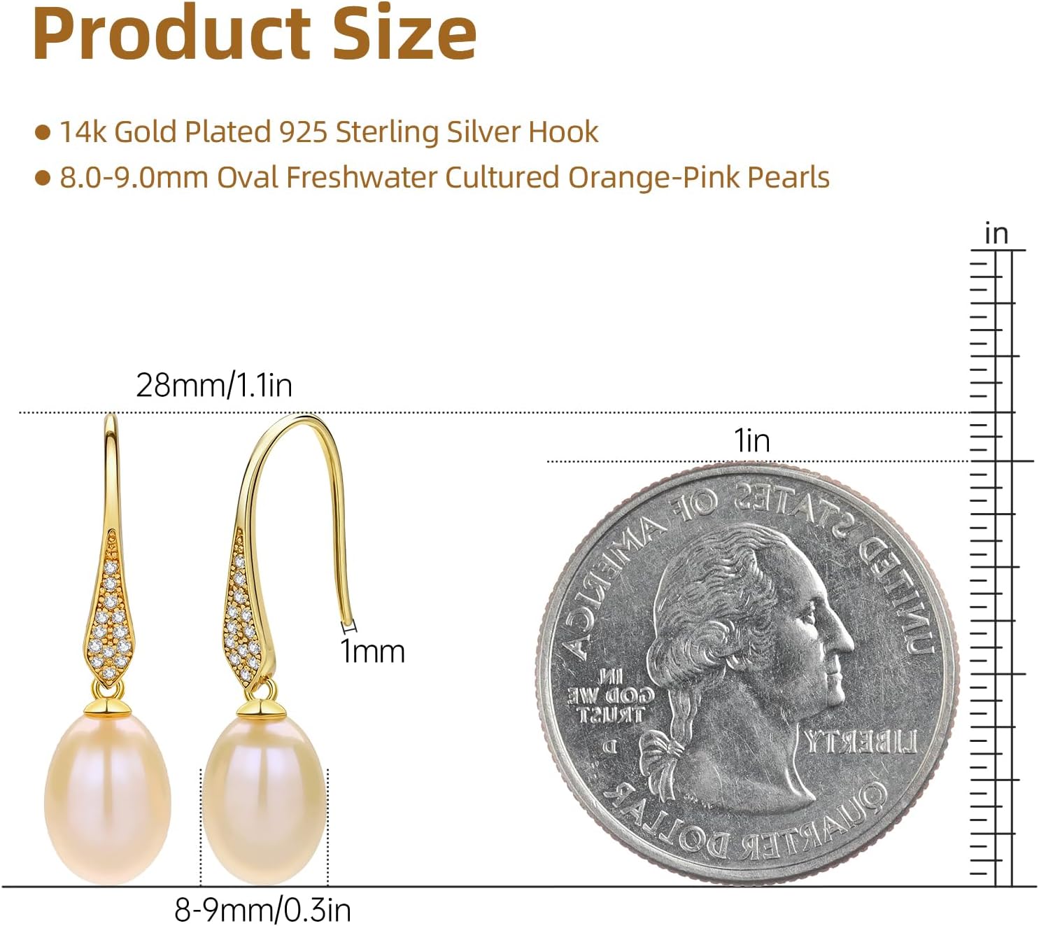 Pearl Drop Earrings for Women, Gold Plated & 925 Sterling Silver, Pink & White Dangle Earrings, Dainty Cute Elegant Bridal Wedding Gift for Her