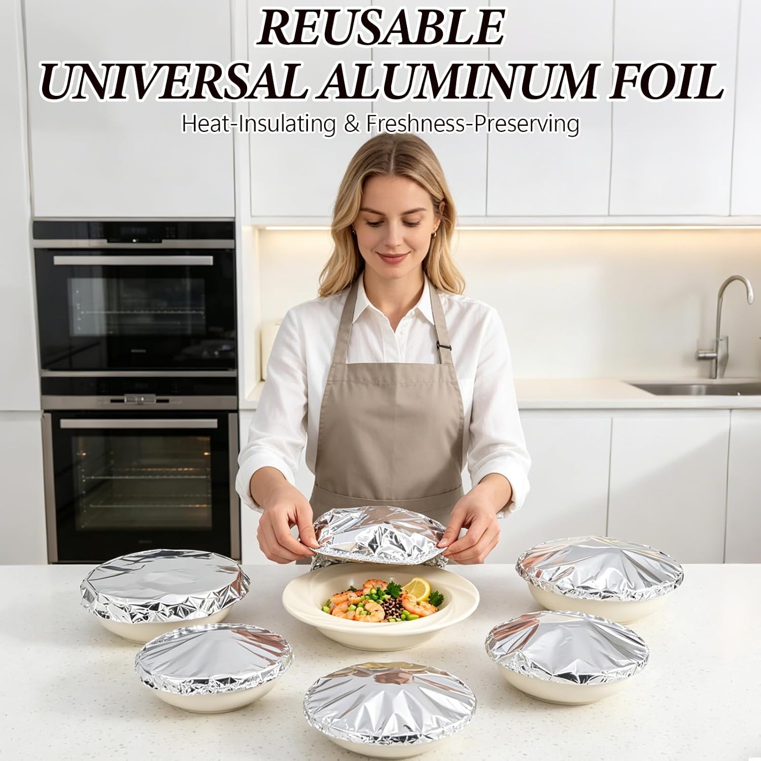 Reusable Aluminum Foil Food Cover, Heat-Insulating, Freshness-Preserving, Flexible Kitchen Lids for Meal Prep Baking Leftovers and Food Storage (100)