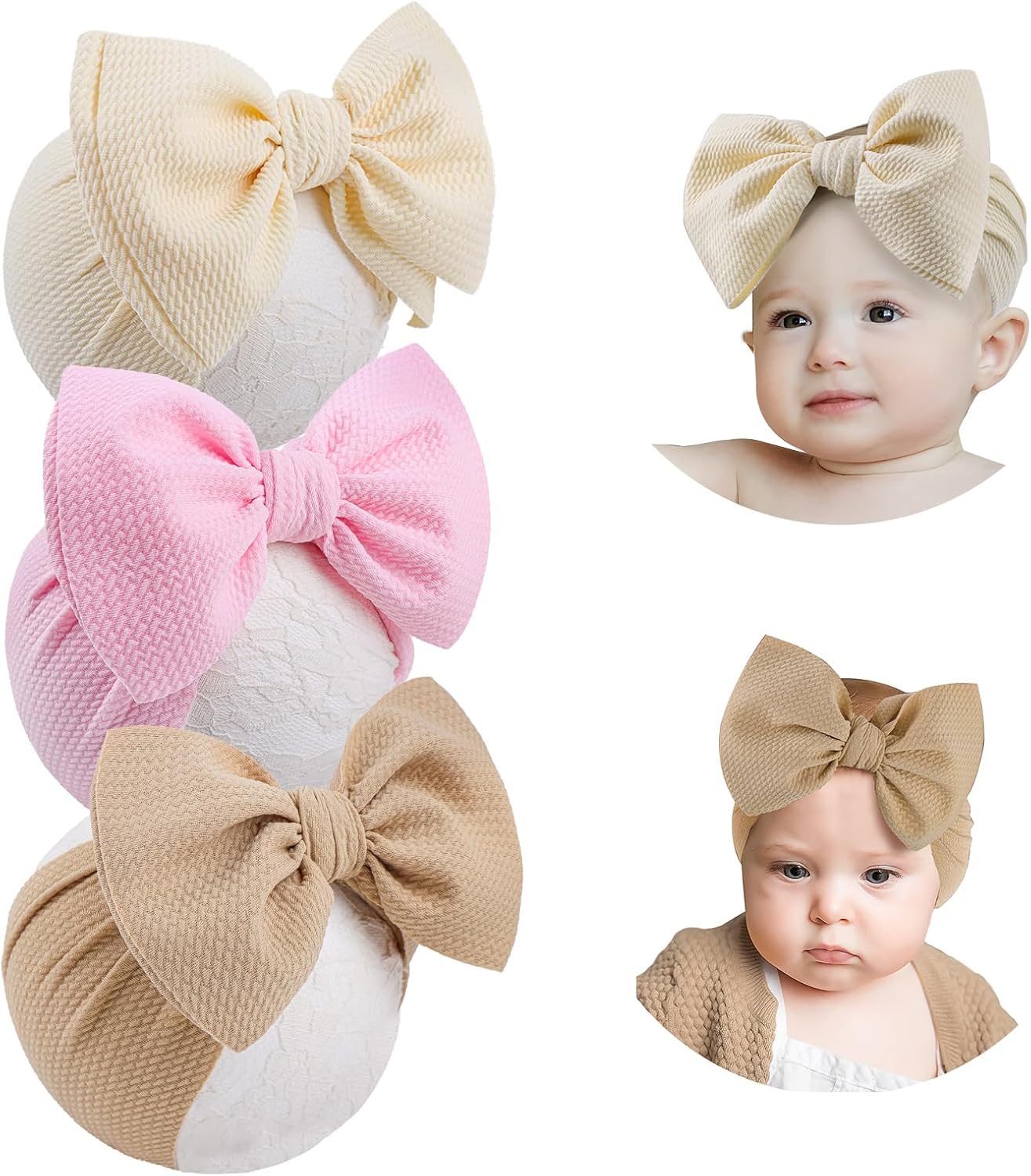 YanJie 3PCS 7'' Big Bows Baby Girls Headbands Soft Stretchy Newborn Bows Infant Baby Hair Bows Toddler Headwrap Hair Accessories Khaki Beige Light Pink
