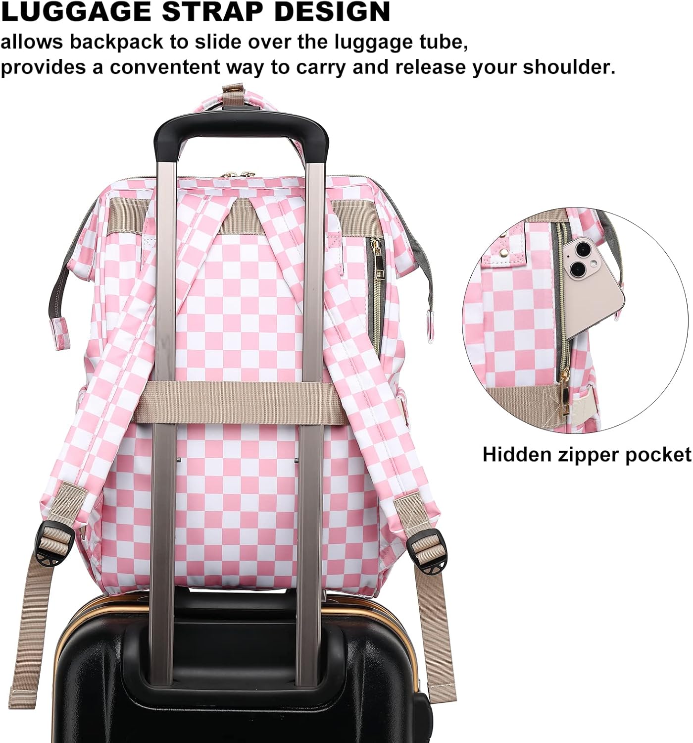 Checkered Laptop Backpack for Women, College Bookbag School Backpack Work Business Travel 15.6 Inch Computer Backpacks (Pink) - Image 4