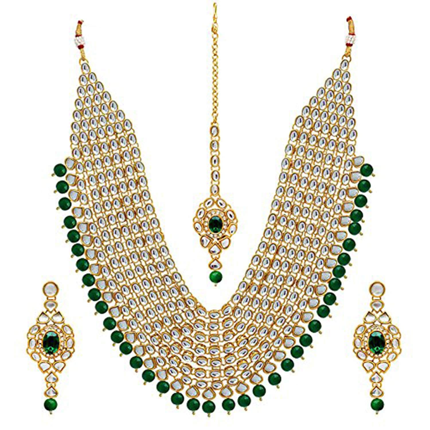 Aheli Wedding Collection Indian Traditional Kundan Multi Layered Ethnic Designer Bridal Necklace with Maang Tikka and Earrings Festive Jewelry Set for Women Green