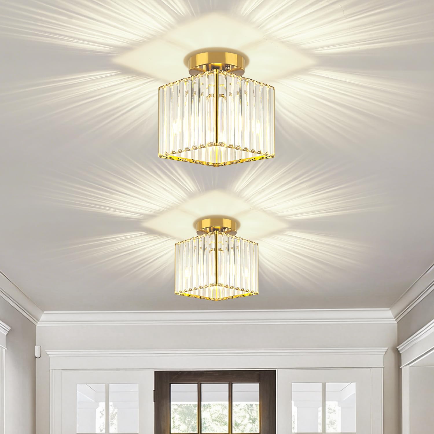 Crystal Semi Flush Mount Ceiling Light 2-Pack Modern Gold Square Hallway Light Fixtures Kitchen Lighting Small Close to Ceiling Lights for Entryway Bathroom Bedroom Laundry Foyer Lighting, 7.24Inch