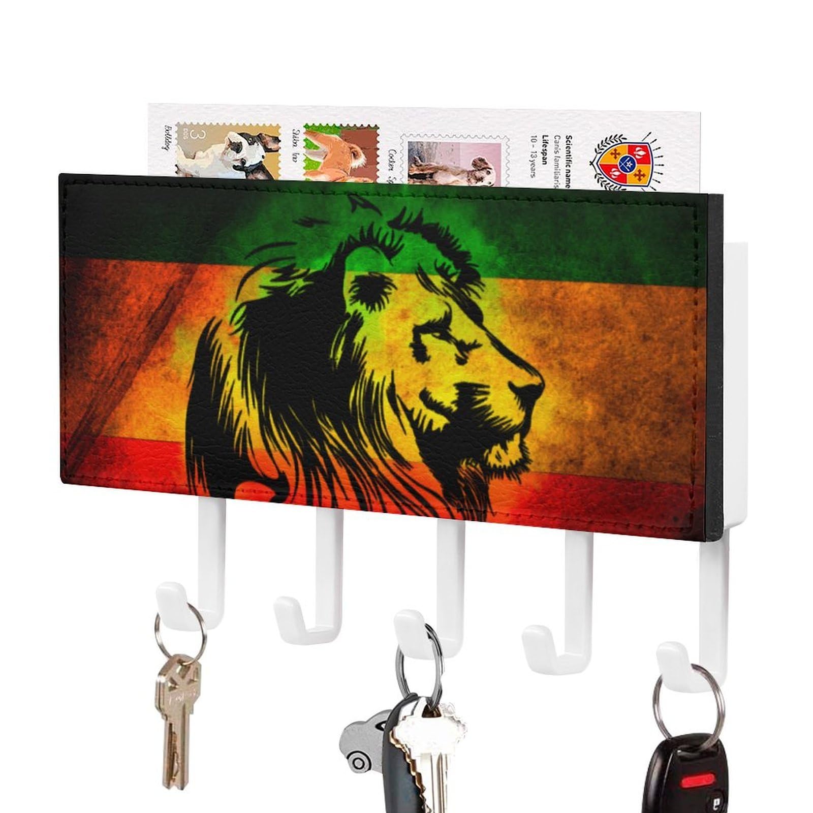 NCLQVJXZKHW Lion Reggae Jamaica Key Holder with 5 Hooks Key Hooks Wall Mounted Key Racks Key Hanger Organiser Shelf