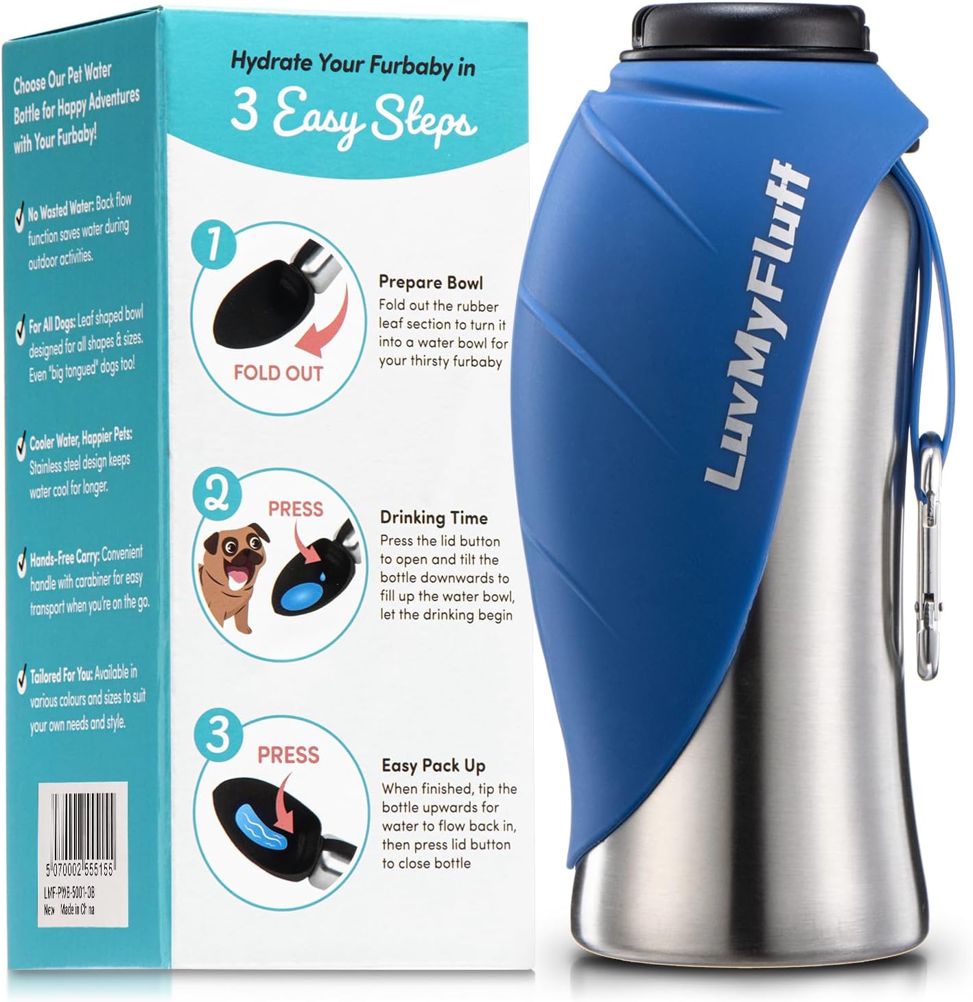 Foldout Dog Water Bottle (Stainless Steel 500ml - Ocean Blue) - Fold Out Bowl, Portable, Cool Drink Bottle for Dogs, Perfect for Walking, Hiking, Travel & Outdoor Activities