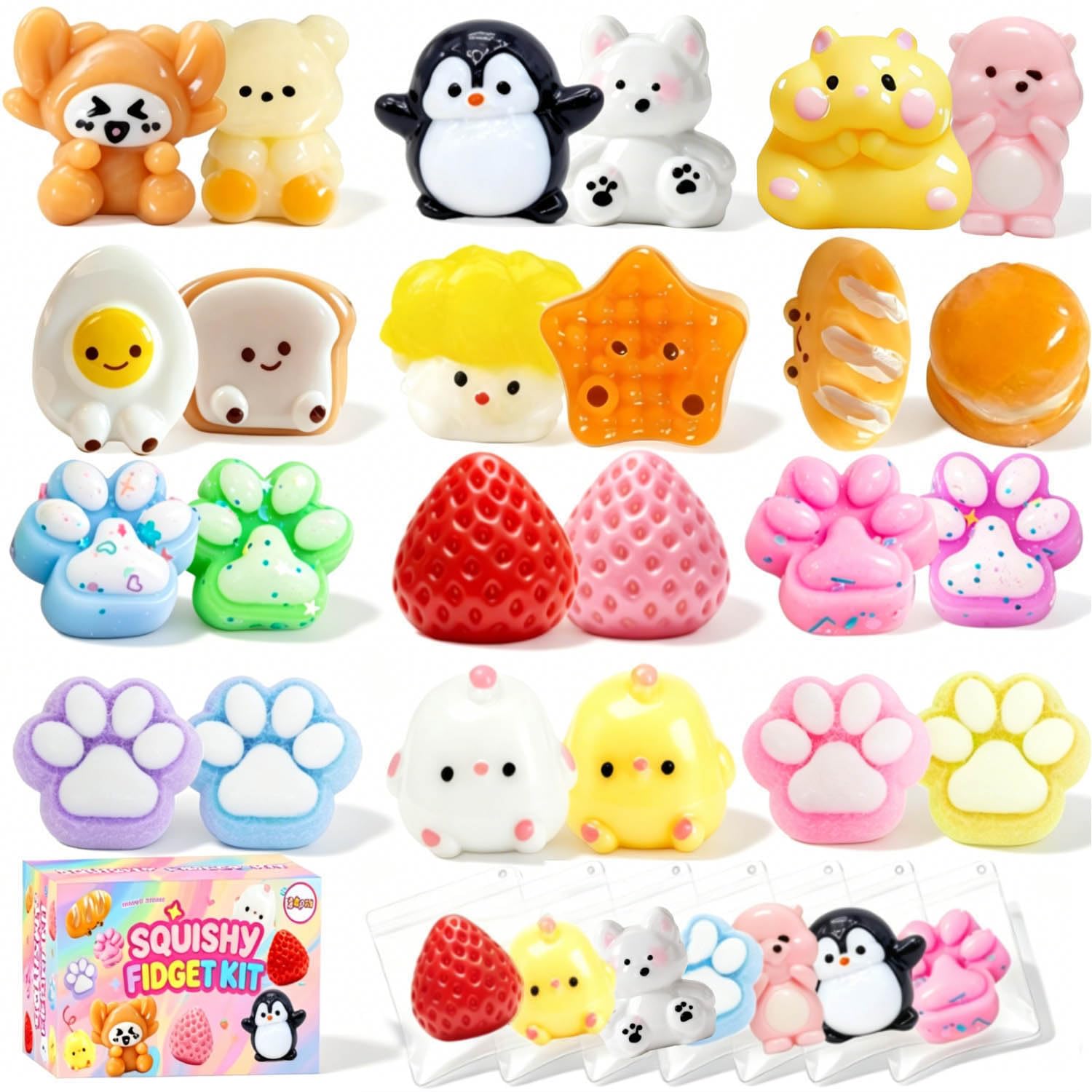 Photo 1 of ***PARTIAL SET/ MISSING PIECES*** ZiZa 24Pcs Squishy Fun Box Toys Kit Set- Mini Taba Cheap Squishies Fidget Squeezee Toys Pack, Includ Animals, Strawberry, Cat Paw, Penguin, Hamster, Birthday Xmas Gift for Girls Kids