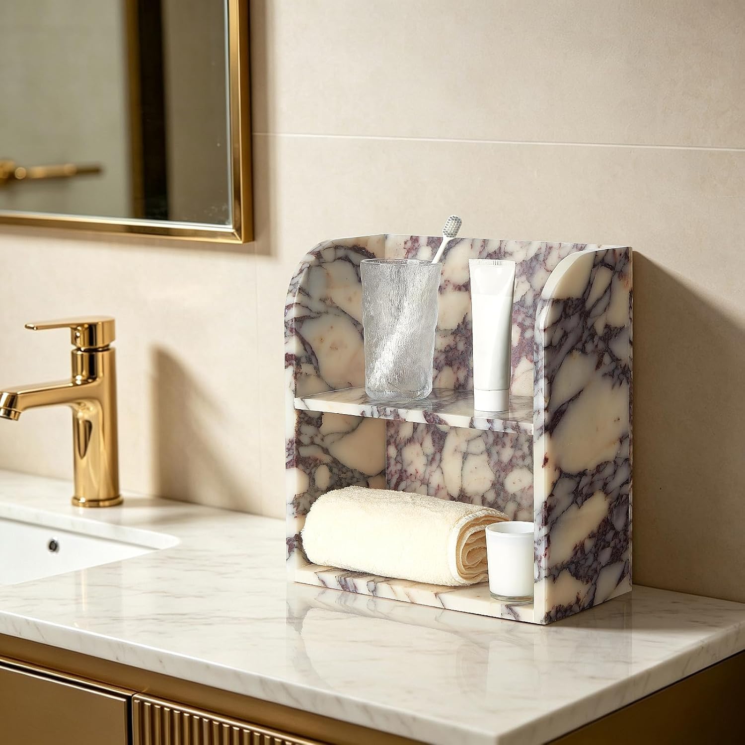 Luxury Natural Calacatta Viola Marble Shelf, Bathroom Countertop Organizer, Perfume Cosmetics Storage Display Rack for Vanity Nightstand Bedroom Kitchen, 2 Tier Design, No Assembly Required