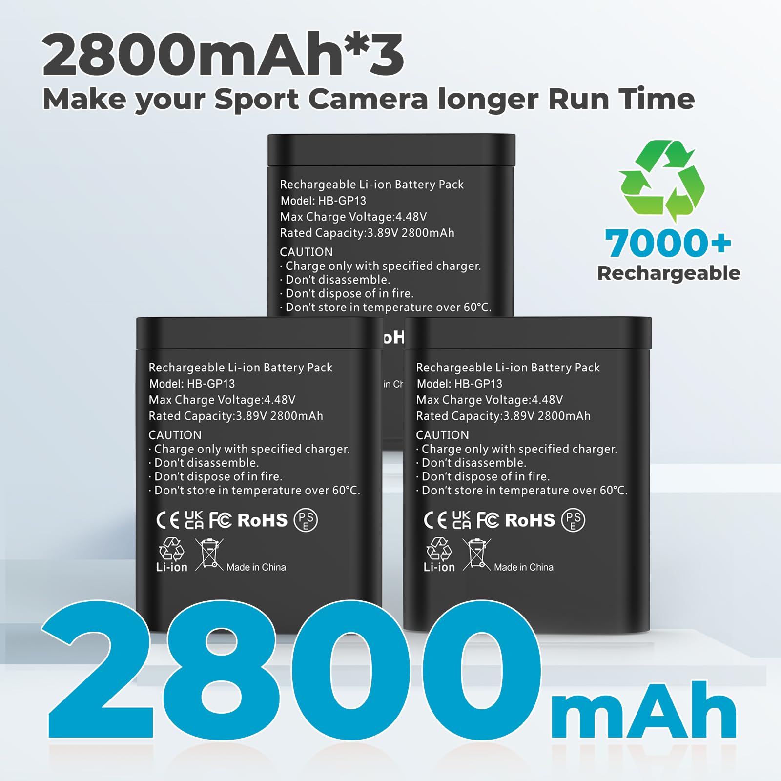 3-Stück Hero 13 Akku Ladegerät Kit 2800mAh Ersatzakkus Typ-C LED Dreikanal-Ladegerät für Hero 13 Black Vollkompatibel mit Original(3 Stück Batterie + 1 Stück Ladefach)