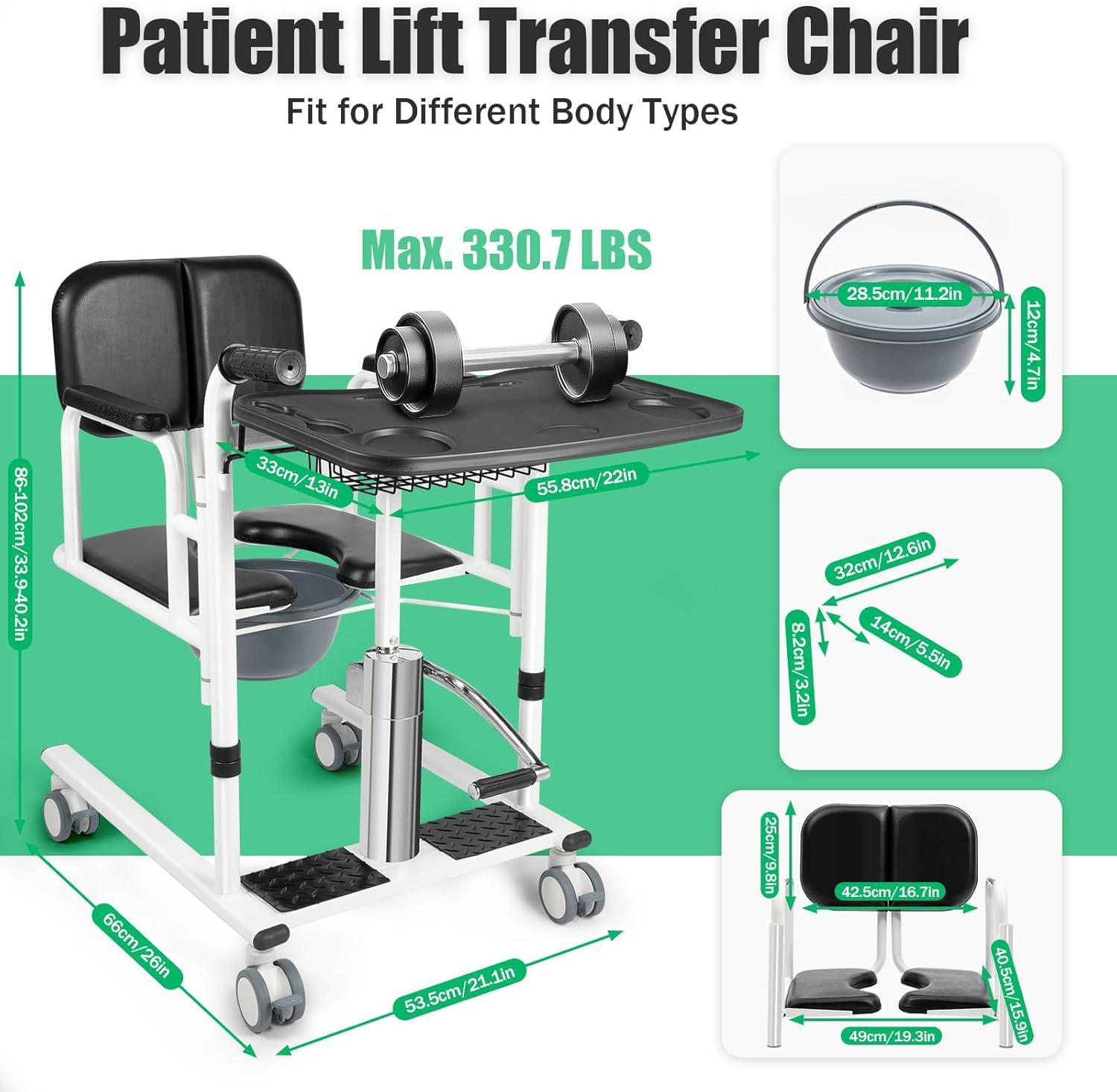 Silla Elevadora Hidráulica De Altura Regulable para Pacientes, Silla De Ruedas De Transferencia con Asiento Dividido De 180° para Cuidadores De Ancianos, Ayuda para La Black