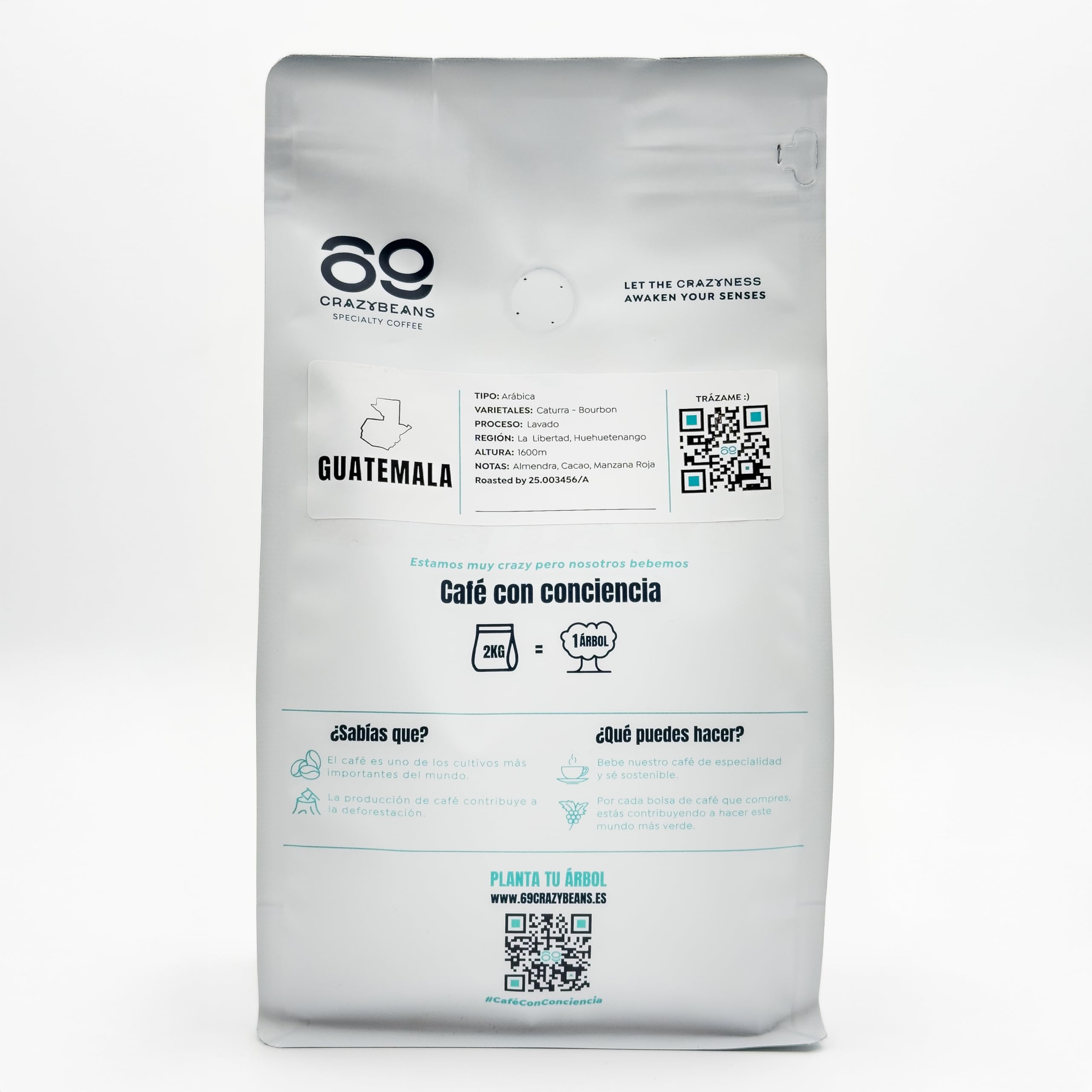 Cafe de Especialidad en Grano | Guatemala Caturra,Bourbon | 100% Arábica | Lavado con fermentación | 1600m | 84 puntos SCA | Huehuetenango,Guatemala | 500g | 69 CrazyBeans Specialty Coffee