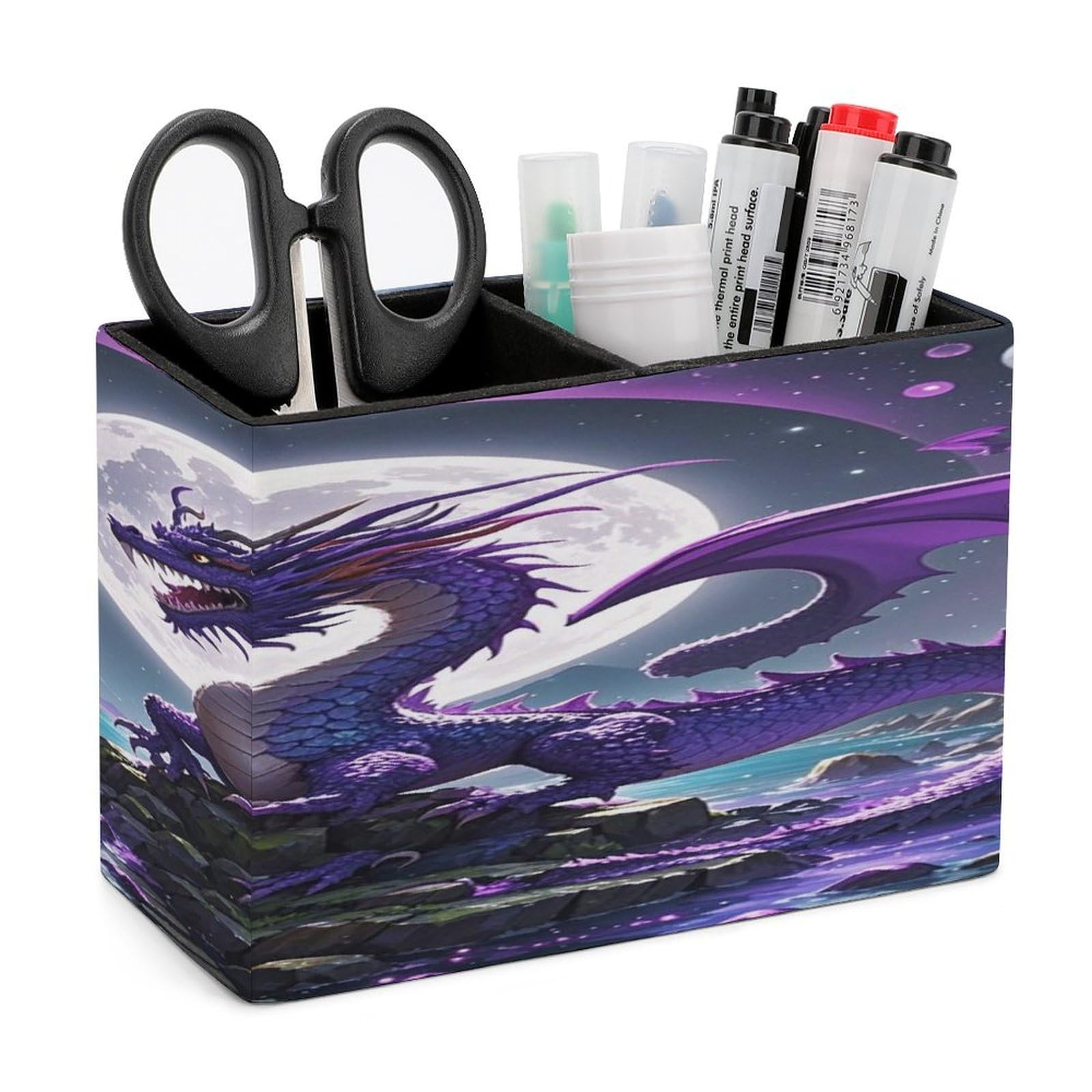 LZQPOEAS Purple Dragon Moon Leather Pen Holder with 2 Compartments Luxury Pencil Holder Minimalist Pencil Cup Brush Scissor Holders Elegant Pen Cup for Office Home Desk Accessories
