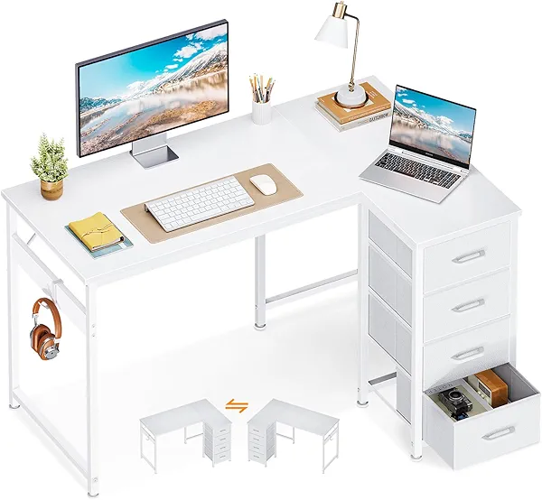 Casaottima L Shaped Desk with 4 Drawers, 40" Small White Computer Desk with Storage, Reversible Kids Study Desk with CPU Stand & Hook, Corner Desk for Home Office