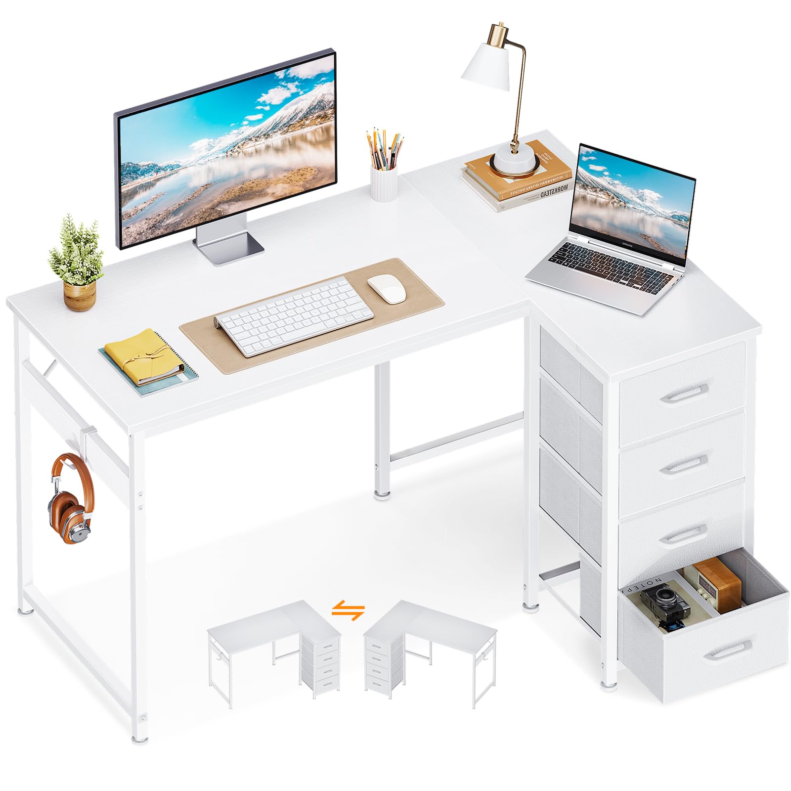 Casaottima L Shaped Desk with 4 Drawers, 40" Small White Computer Desk with Storage, Reversible Kids Study Desk with Hook, Corner Desk for Home Office
