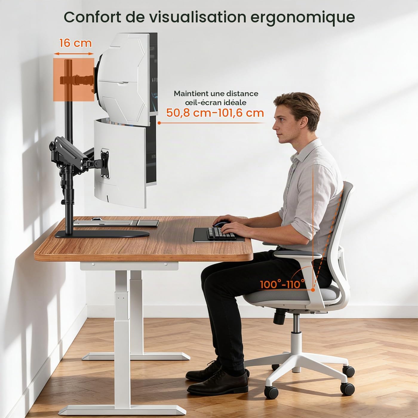 Support Ecran PC 3 Ecran pour Moniteurs 1 Fixe 49" et 2 Ressort Gaz 35"