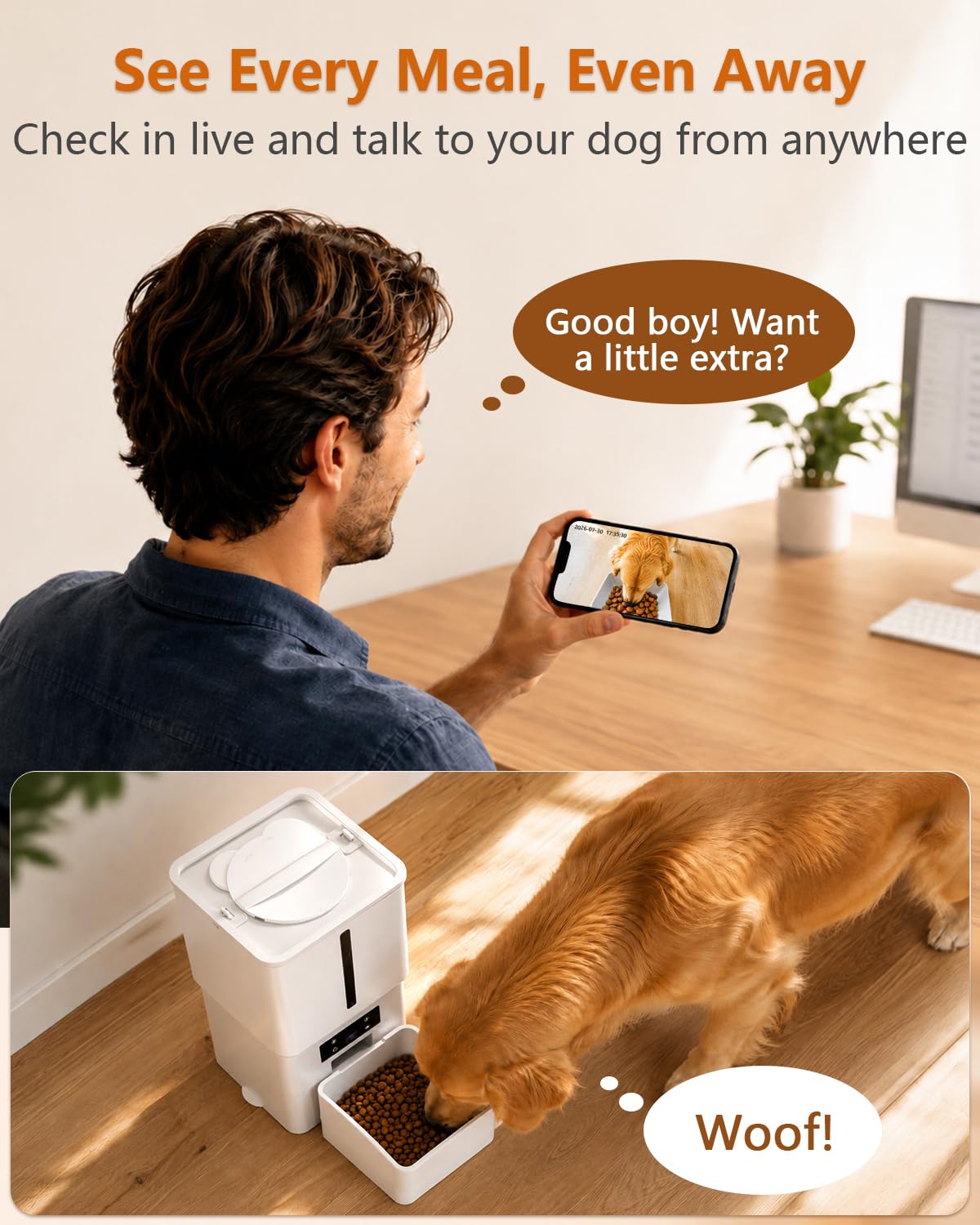 Comedero automático para perros de raza grande: capacidad de 15 L/63 tazas para croquetas de hasta 22 mm, alimentador lento antiobstrucciones con soporte elevado, con cámara HD con WiFi y fácil