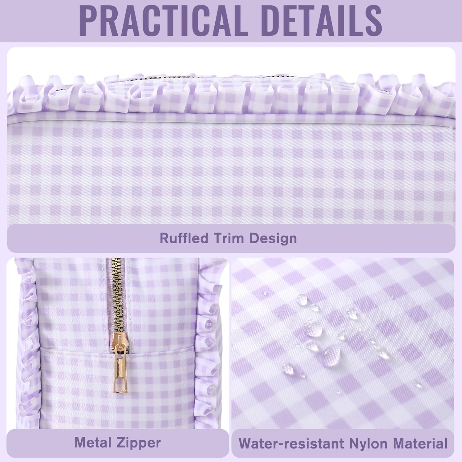 Gingham Ruffle Makeup Bag,Large Travel Cute Cosmetic Bag for Women Girls,Toiletry Bag Make up Organizer 10.8 x 4.5 x 8 inch (Purple Gingham) - Image 4