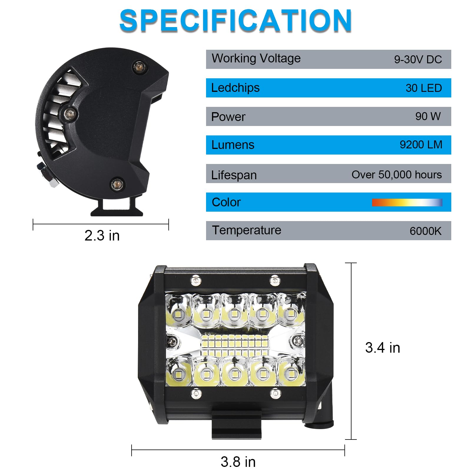 Faro Trabajo LED 12V 4'' 120W 9500LM 6000K IP67 Impermeable Off-road para Coche Tractor