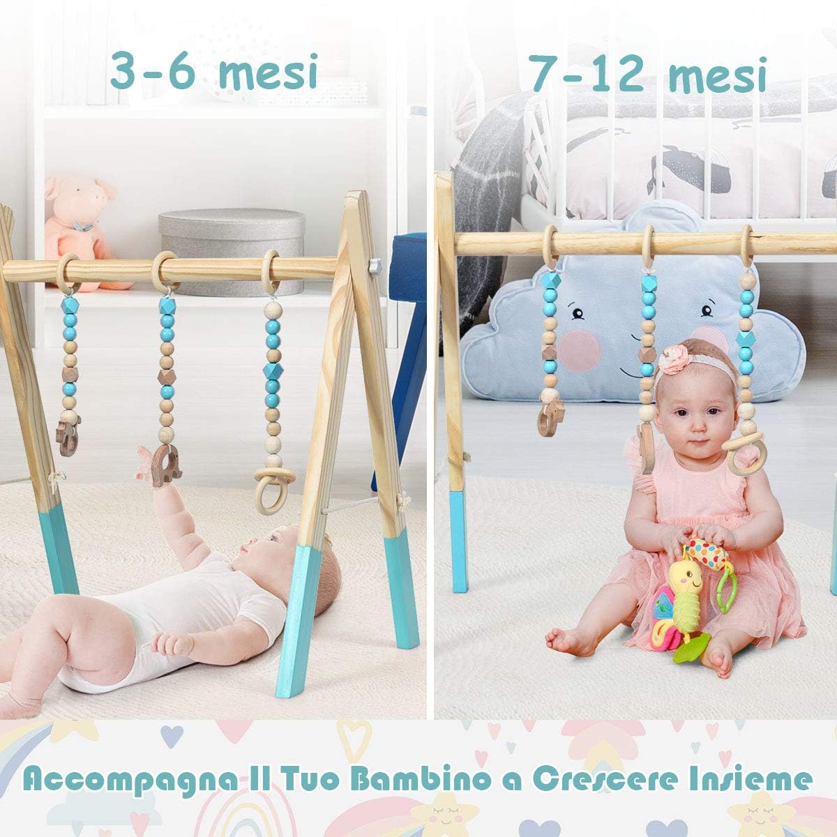 GYMAX Palestrina Legno per Neonati 3+ Mesi Pieghevole, 3 Giocattoli Sensoriali Sospesi, Arco Gioco Giocattolo Attivo per Cameretta, Allenamenti di Corpo, 60 x 44 x 60 cm (Verde)