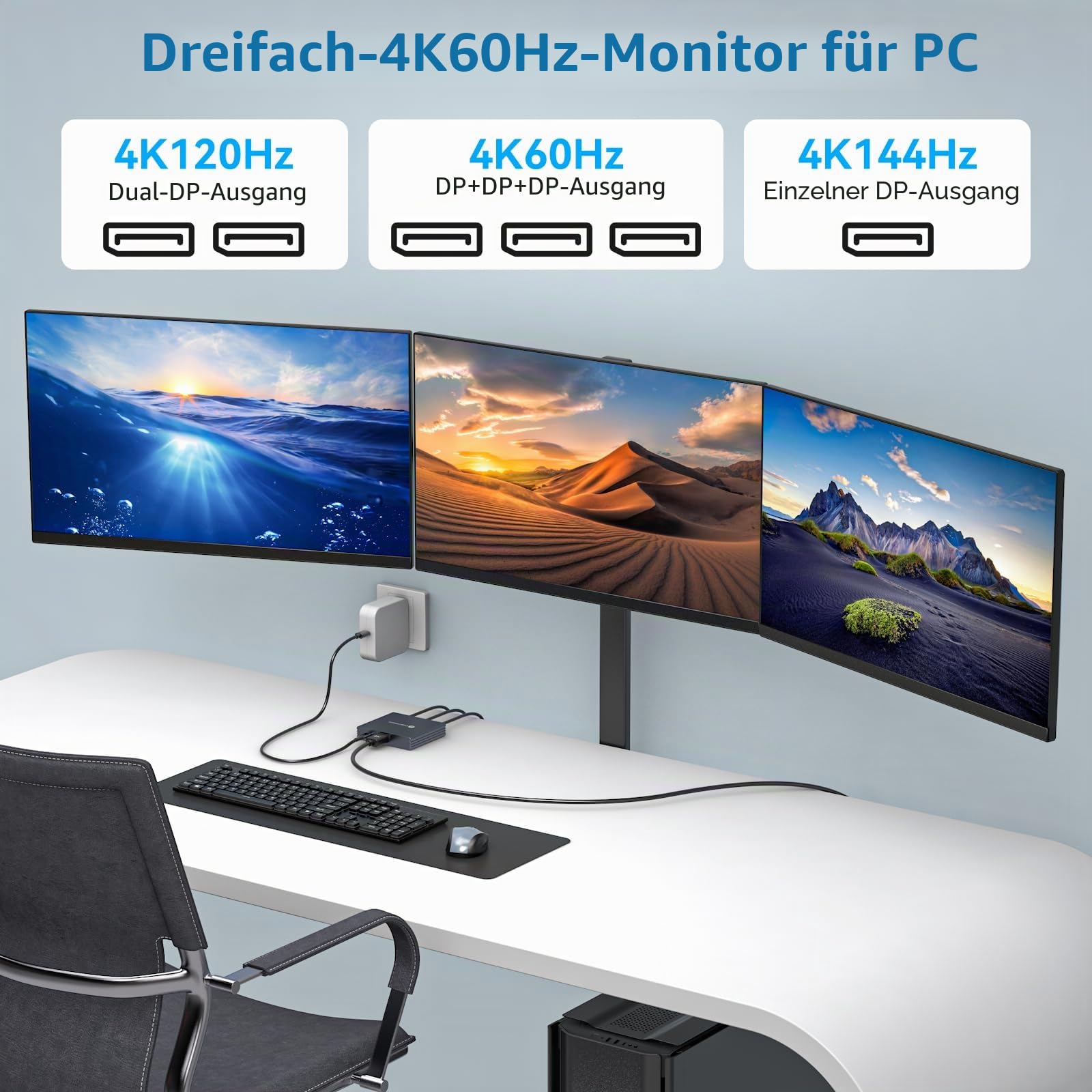 VEDINDUST DisplayPort Splitter fur 3 monitore 4K60Hz DisplayPort zu Dreifaches DP Splitter 1 In 3 Out Unterstützt SST und MST Extended Display Nur für Windows