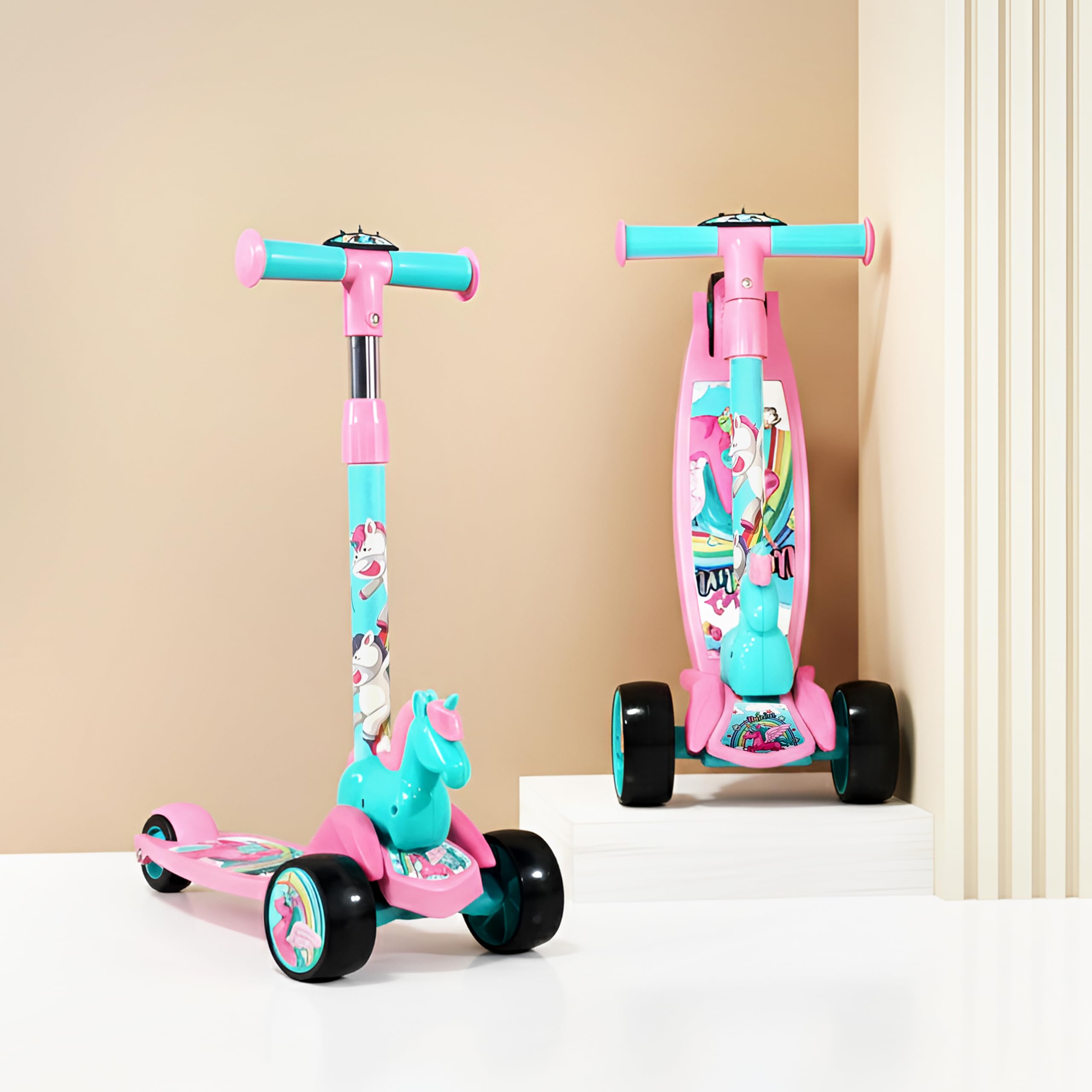Kidsmate Unicorn Kick Scooter for Kids Age 3-8 Years | 3-Level Adjustable Height & PVC Wheels | Wide Non-Slip Deck & Rear Push Brake | Foldable Kids Scooters for Boys & Girls - Pink-image-9