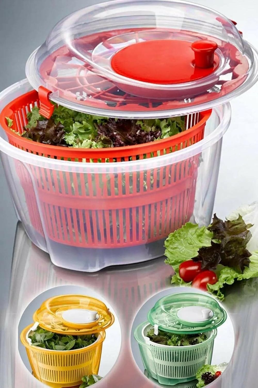 Geniş Hazneli Salata ve Sebze Kurutucu (4.4 Litre) - 360° Dönebilen Çevirmeli Süzgeçli ve Servis Kaseli Mutfak Gereci