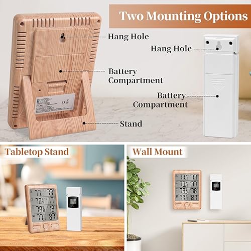 Miniatura 8 de Geevon Termómetro para interiores y exteriores, estación meteorológica con 3 sensores remotos, higrómetro digital para interiores, medidor de