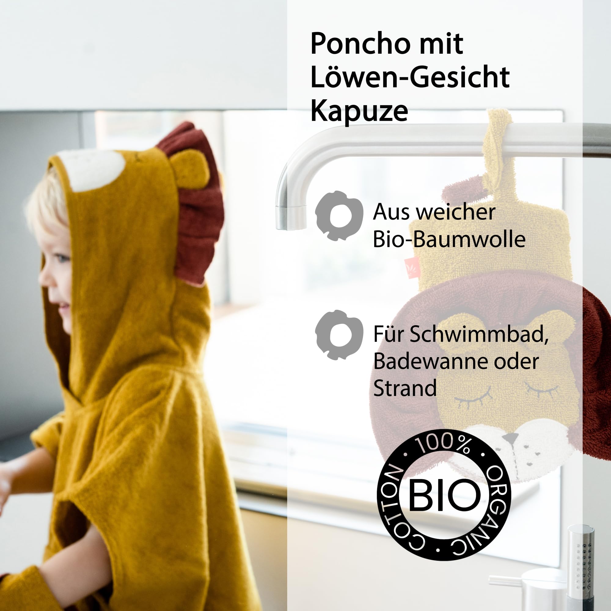 kikadu Poncho Löwe - Kinderhandtuch mit Tiergesicht aus 100% GOTS-zertifizierter Bio-Baumwolle