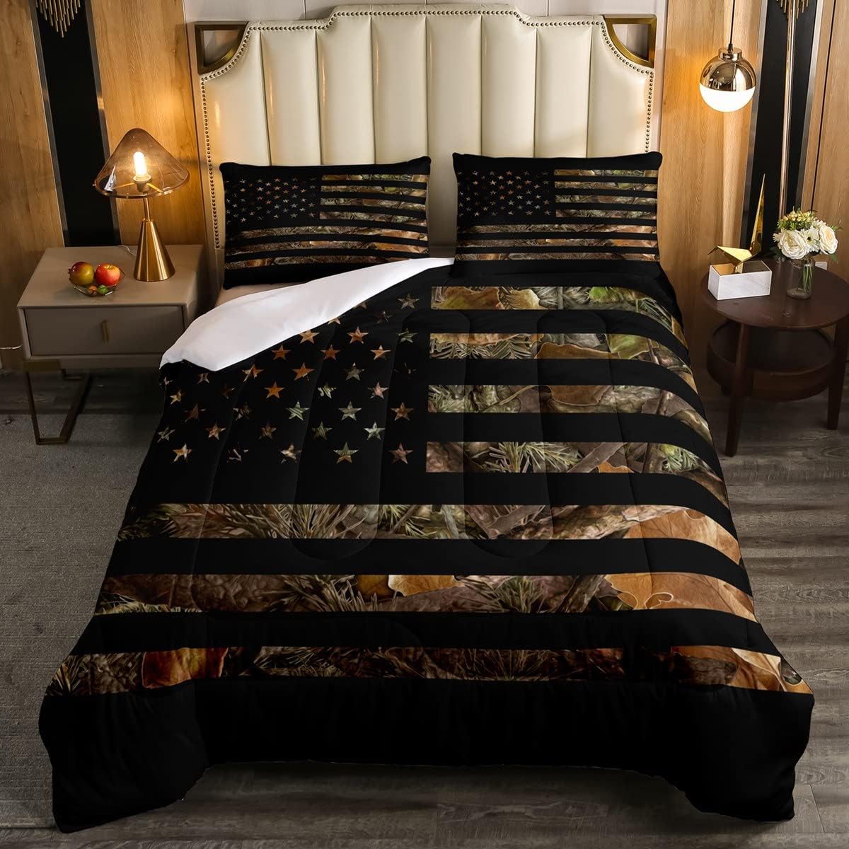 American Flag Camo Comforter Set Queen,Military Hunting Bedding Set Rustic Trees Leaves Camouflage Comforter For Boys Teens Kids Man Bedroom Nature Conifer Oak Branches Bedding Quilt Set 3 Pcs