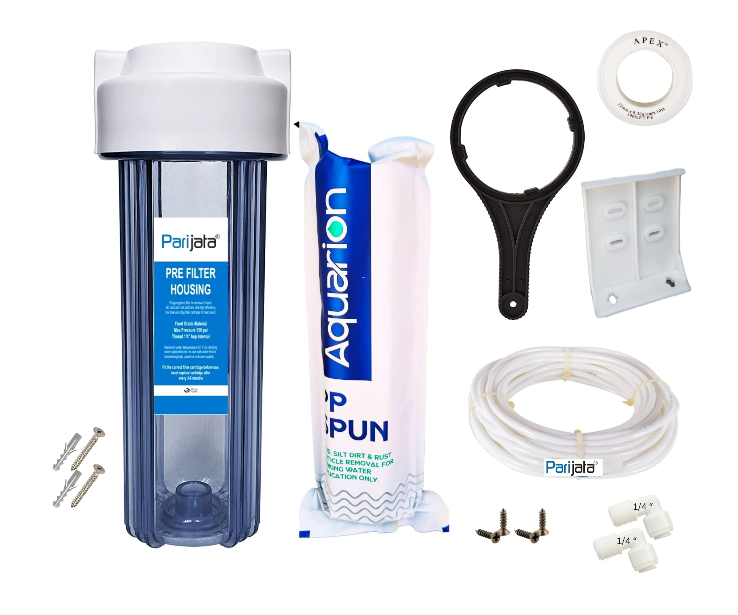 Parijata 10 inch Heavy Quality Transparent Pre-Filter Housing with Spun PP Filter, Clamp & Elbow Connector 1/4 inch for ro Water Purifier, 5 Micron Sediment Filter (Spun Filter 128 Grams)