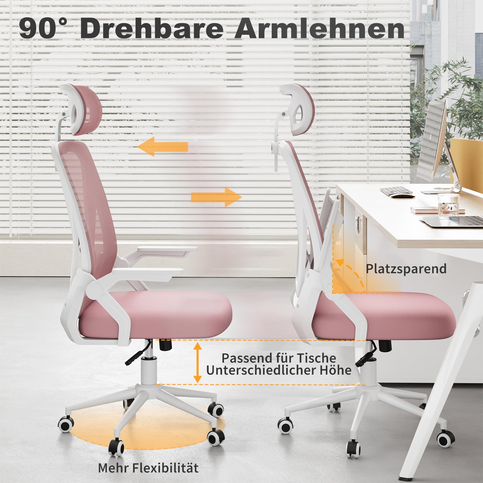 naspaluro Bürostuhl mit Lenden- und Kopfstütze, Drehstuhl mit 90° Klappbaren Armlehnen (Mit Kopfstütze, Rosa)