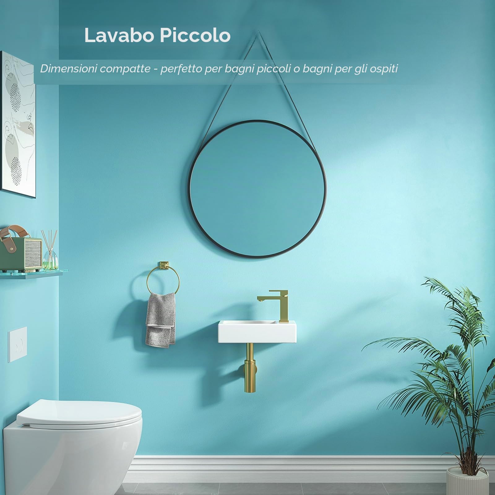 Teal Home Lavabo, lavabo piccolo, lavabo per ospiti, bagno, mini lavabo in ceramica, foro per rubinetto destro, Senza valvola di scarico pop-up, 37 x 18,5 x 9 cm | Lavabo sospeso da bagno, mini lavandino in ceramica, lavello da appoggio, bianco, 37 x 18,5