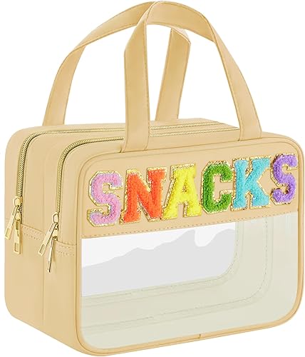 Bolsa de maquillaje transparente con letras de chenilla, bolsa de cosméticos de preparación con cremallera, bolsa de cosas impermeable para