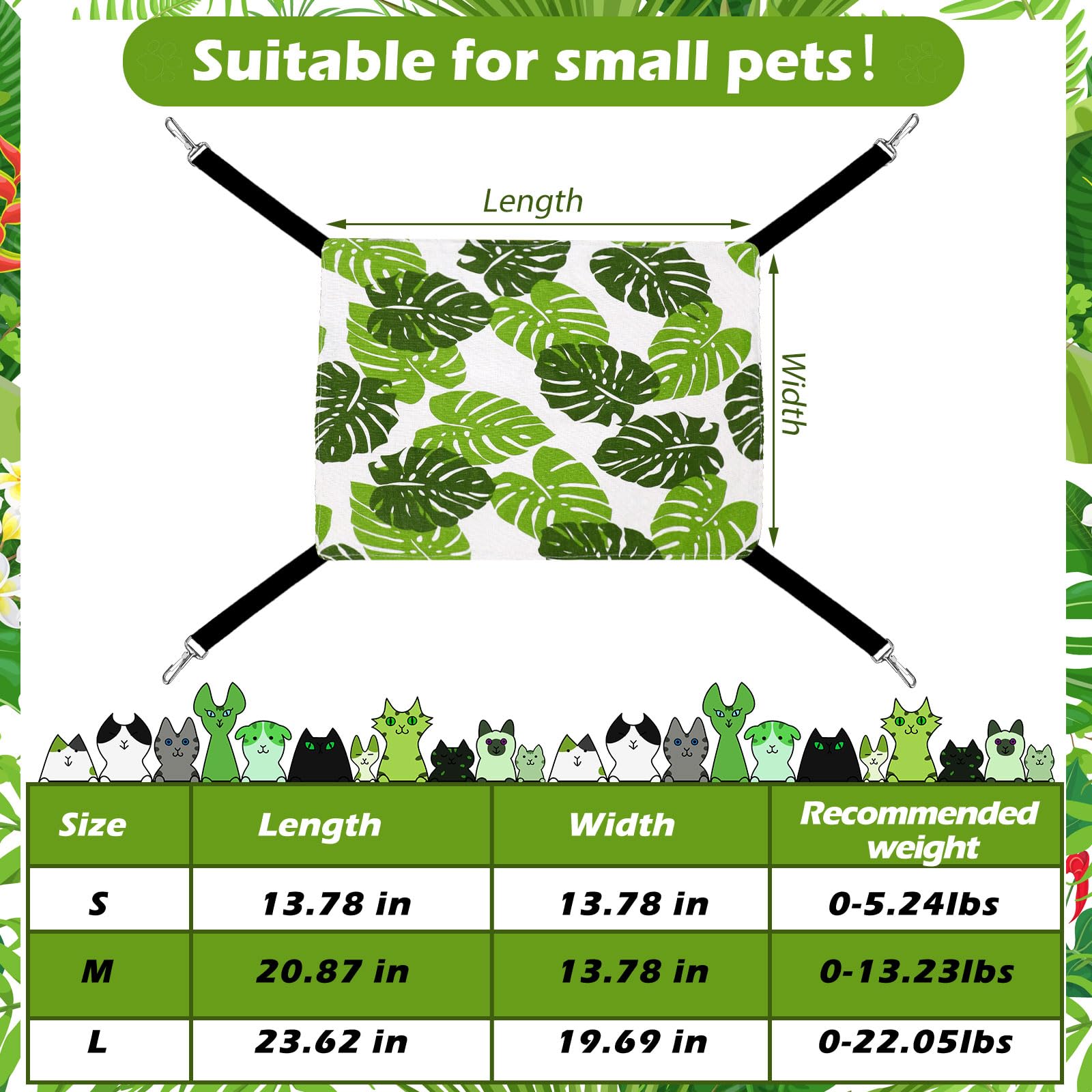 2 Pieces Reversible Cat Hanging Hammock Soft Breathable Pet Cage Hammock with Adjustable Straps and Metal Hooks Double Sided Hanging Bed for Small Dogs Rabbits(Monstera Leaf,L) 3