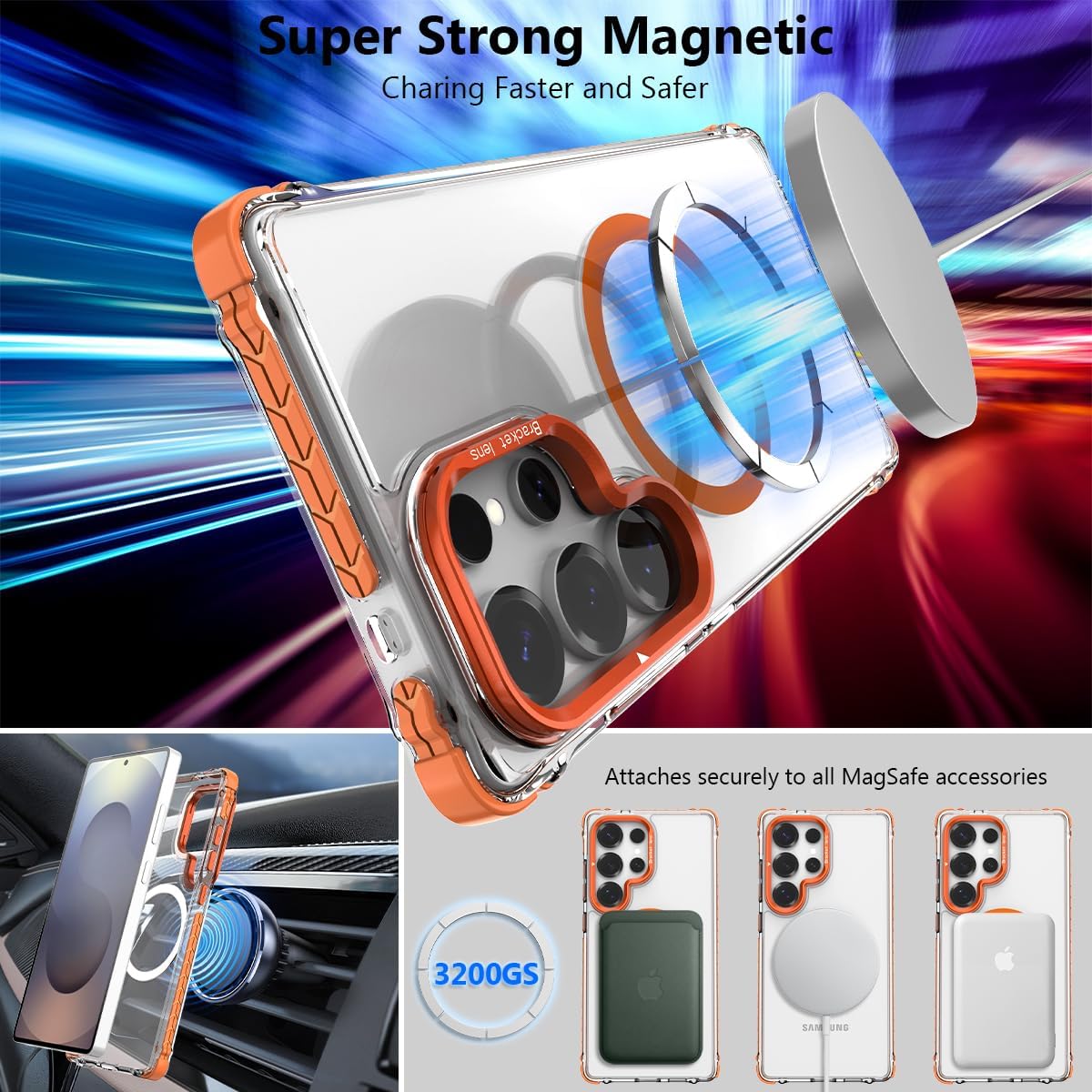 Nvollnoe for Samsung S25 Ultra Case Compatible with MagSafe Military Grade Shockproof Heavy Duty Protective Adjustable Kickstand Ultra Clear Magnetic Phone Case for Samsung S25 Ultra(Orange) - Image 2