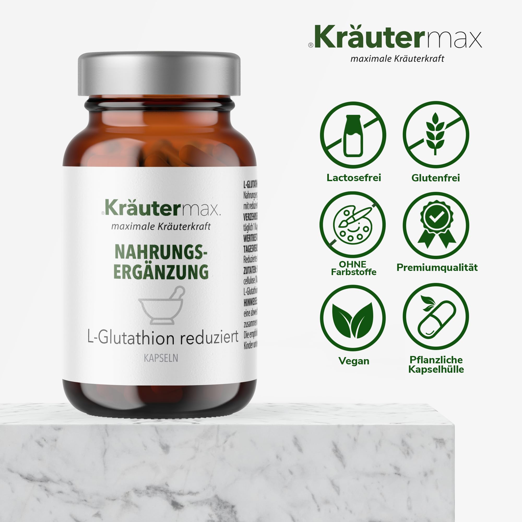 NEU! Kräutermax L-Glutathion Kapseln | 250 mg reduziertes Glutathion | Vegan & Glutenfrei | 1 x 60 Stück