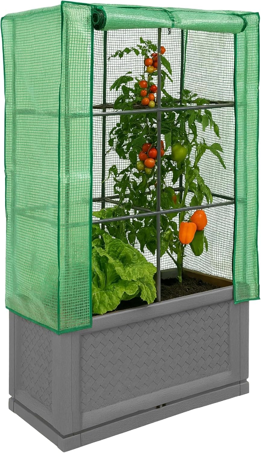 DIVCHI Hochbeet für den Außenbereich mit aus PE und Rankgitter | Großes Kunststoff-Gartenbeet für Gemüse, Kräuter und Kletterpflanzen | Ganzjahres-Pflanzkasten | Pflanztrog für den Außenbereich