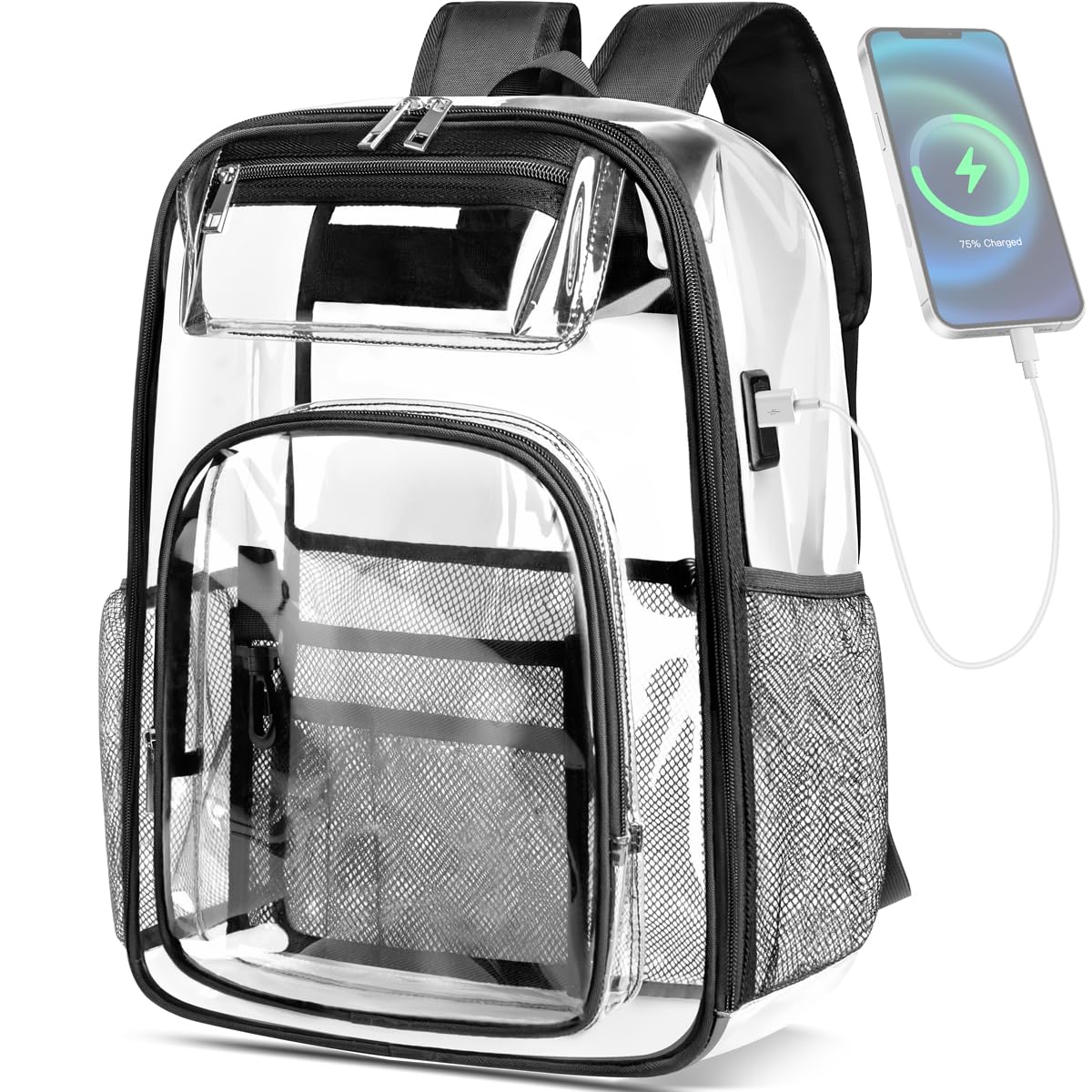 Clear Backpack Transparent Backpacks with USB Charging Port for 15.6'' Laptop Large Heavy Duty PVC School Bookbag Stadium Approved See Through