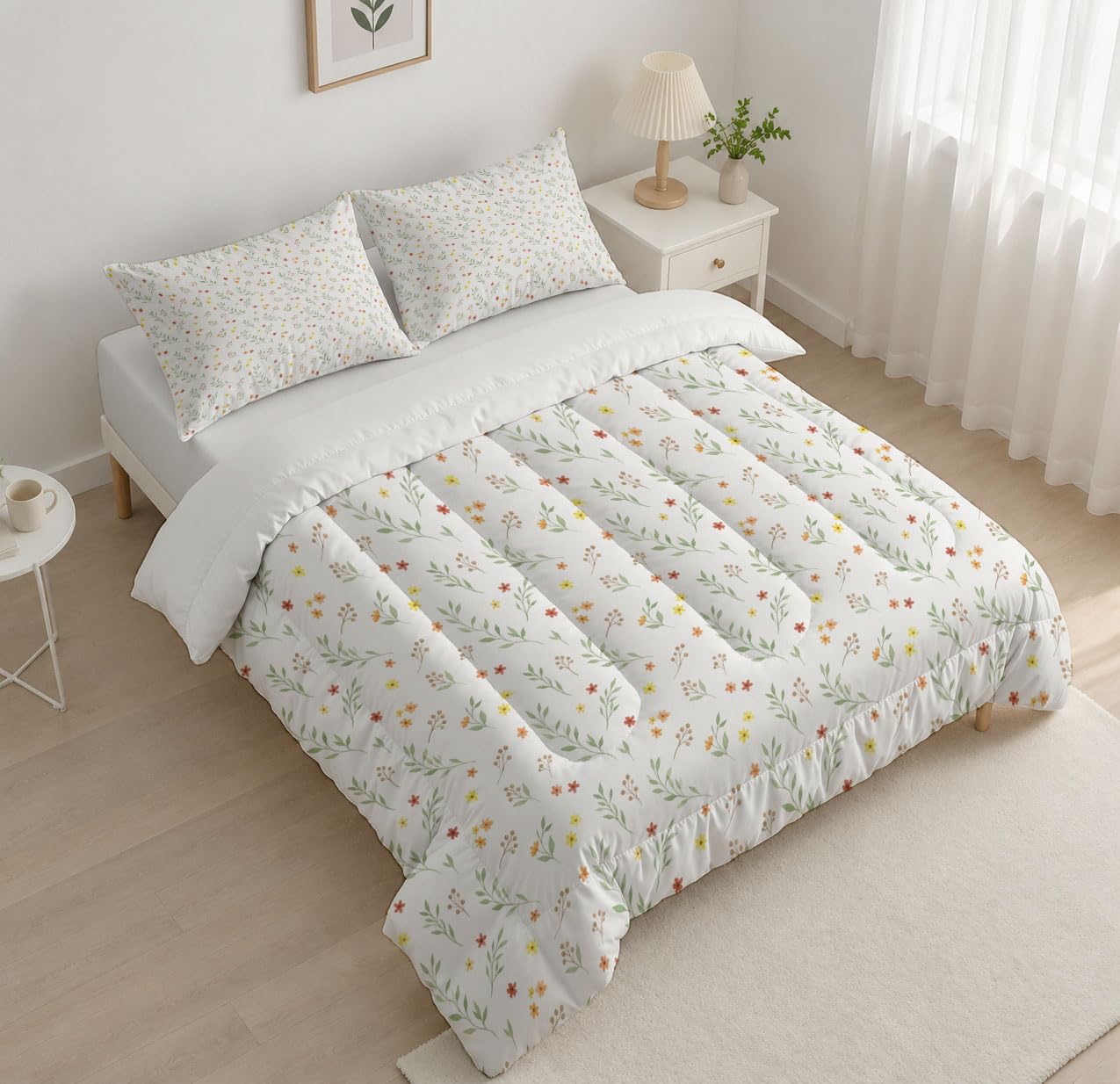 Trapunta Fiori Di Salvia Di Campagna, Piumino Matrimoniale 4 Stagioni | 240X220 Cm Con Federa 50X80, Piumone Leggero In Microfibra, Trapunta Reversibile Piante Fresche, Bianco