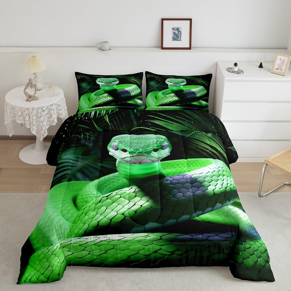 Snake Comforter Set Twin, Green Snake Duvet Insert, 3D Reptile Bedding Comforters, Green Scales Wild Animal Quilt Set Rainforest Palm Leaf Stylish Quilted Duvet For Kids Boys Teens Man Bedroom Decor