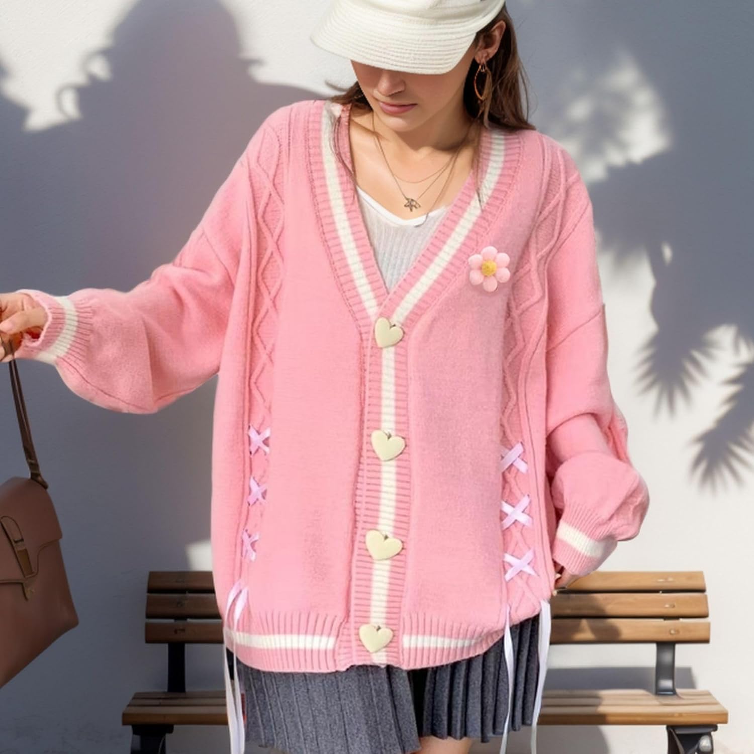 FindThy Women’s Cute Sweet Cardigan Sweater Kawaii Love Button Long Sleeve V-Neck Bowknot Knitted Outerwear - Image 2