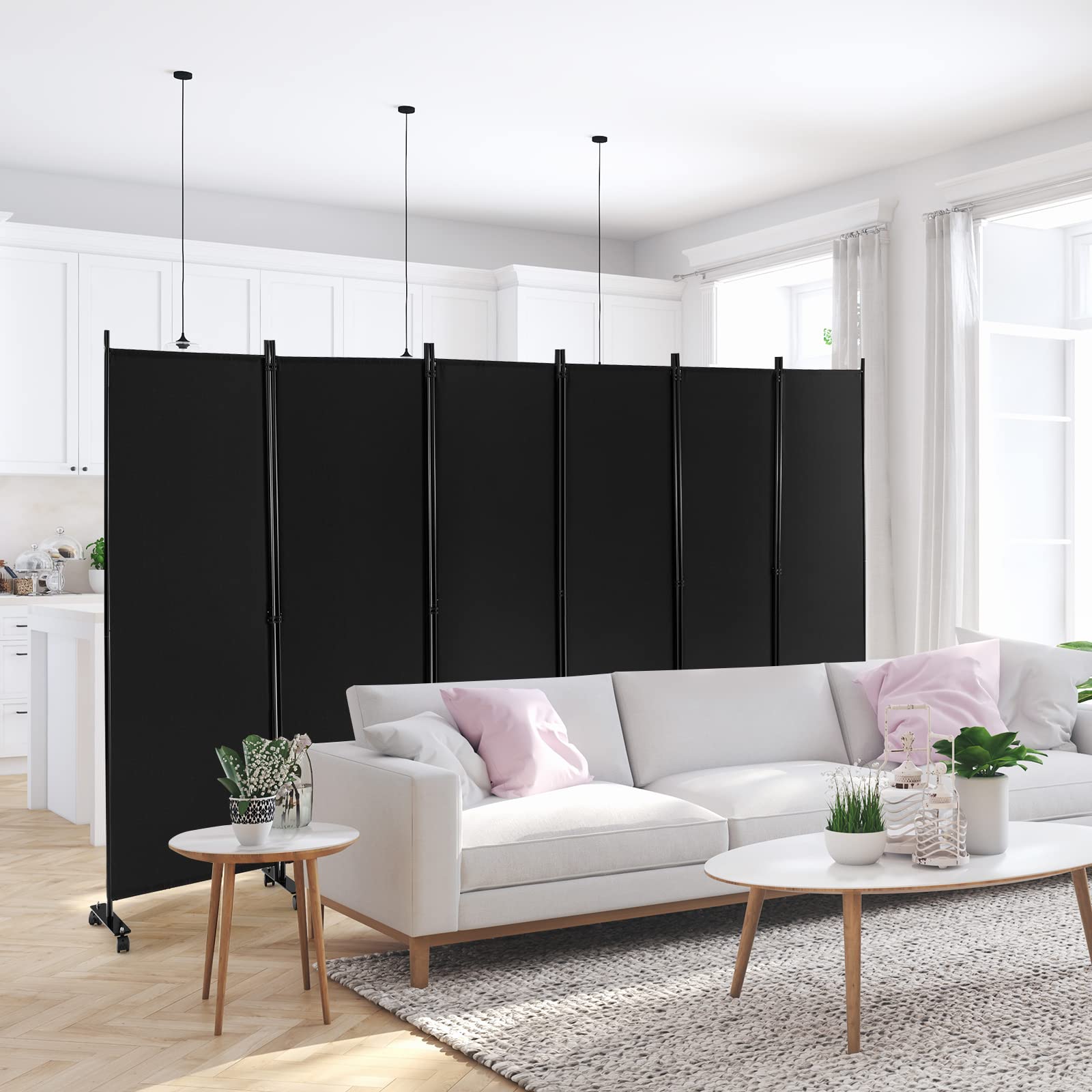 GIANTEX Paravent Intérieur à 6 Panneaux, Separateur de Pieces sur roulettes, 334,5 x 172 cm, Paravent Pliable avec Pieds Larges, Cloison de Séparation, Protection privée (Noir)